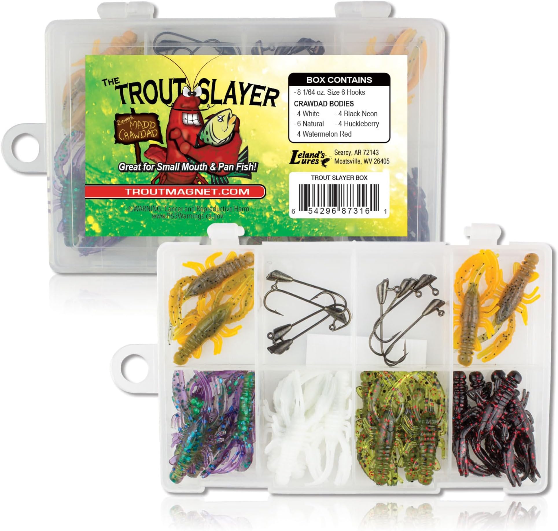 Trout Magnet Leland's Lures Trout Slayer 28 Piece Fishing Kit, Includes 20 Crawdad Bodies and 8 Size 6 Long Shank Hooks, Great for Small Streams and Lakes, Catches All Species,