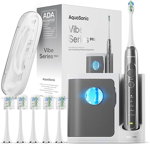 Aquasonic Vibe Series PRO - Cepillo de dientes eléctrico ultra blanqueador - 5 modos y temporizadores inteligentes - Base desinfectante UV -