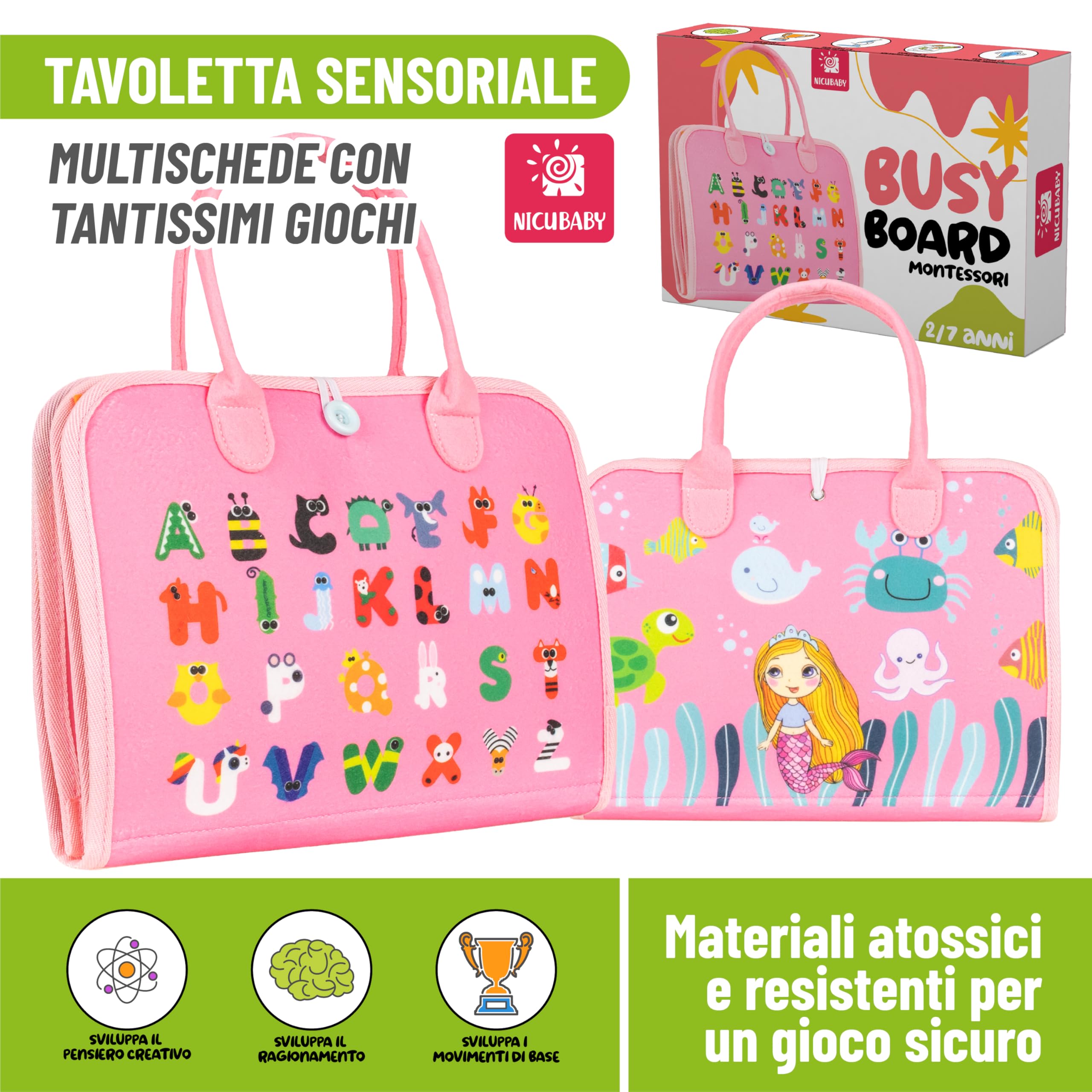 NICUBABY Busy Board Giochi Montessori per Bambini dai 2 ai 7 Anni, Tavola Sensoriale per Sviluppo Motorio e Cognitivo, Chiudibile a Valigetta (Rosa)