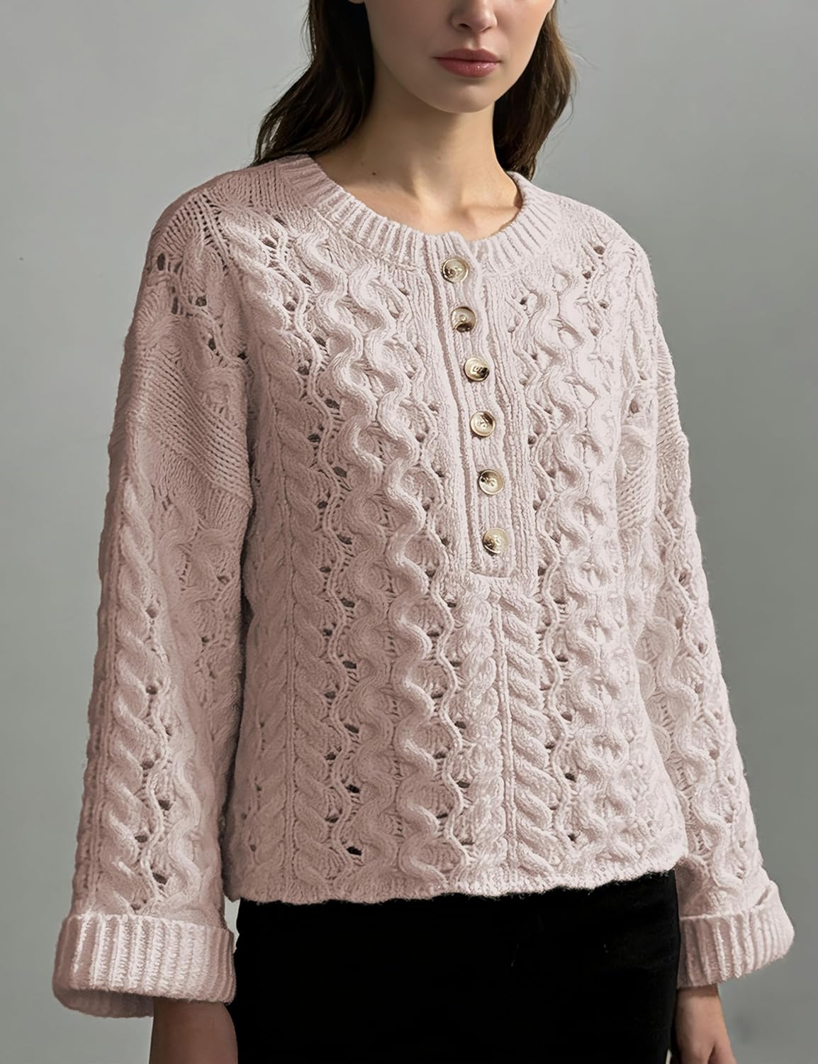 Women's Cable Knit Sweater Long Sleeve Crewneck Casual Cropped Pullover Sweaters Boho Half Button Down Tops - Image 2