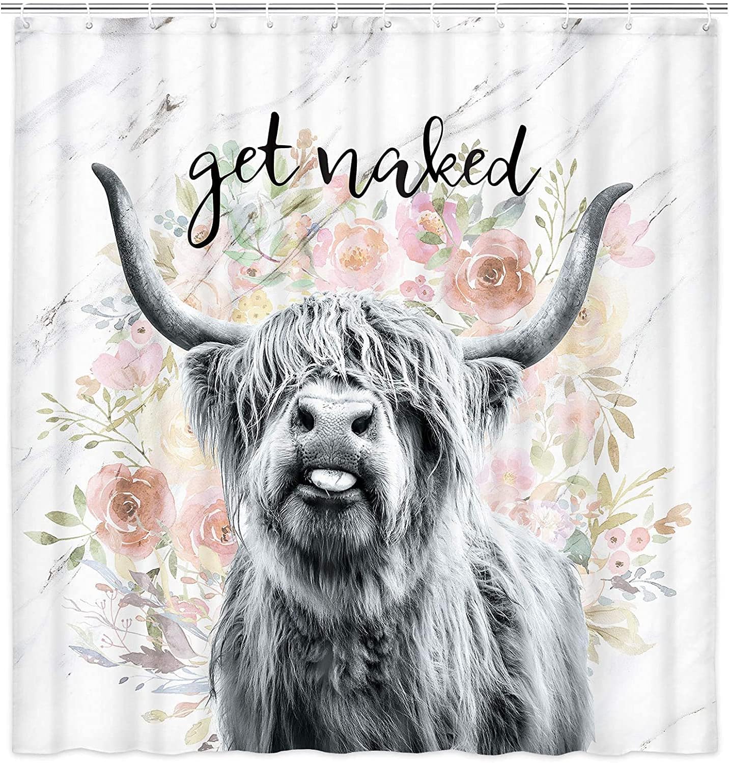 ้็จ Get Naked Highland Cow Bull Shower Curtain, Funny Western Farmhouse Cattle Bull Cow and Flower Bathroom Curtain with Hooks, 180 x 180 cm