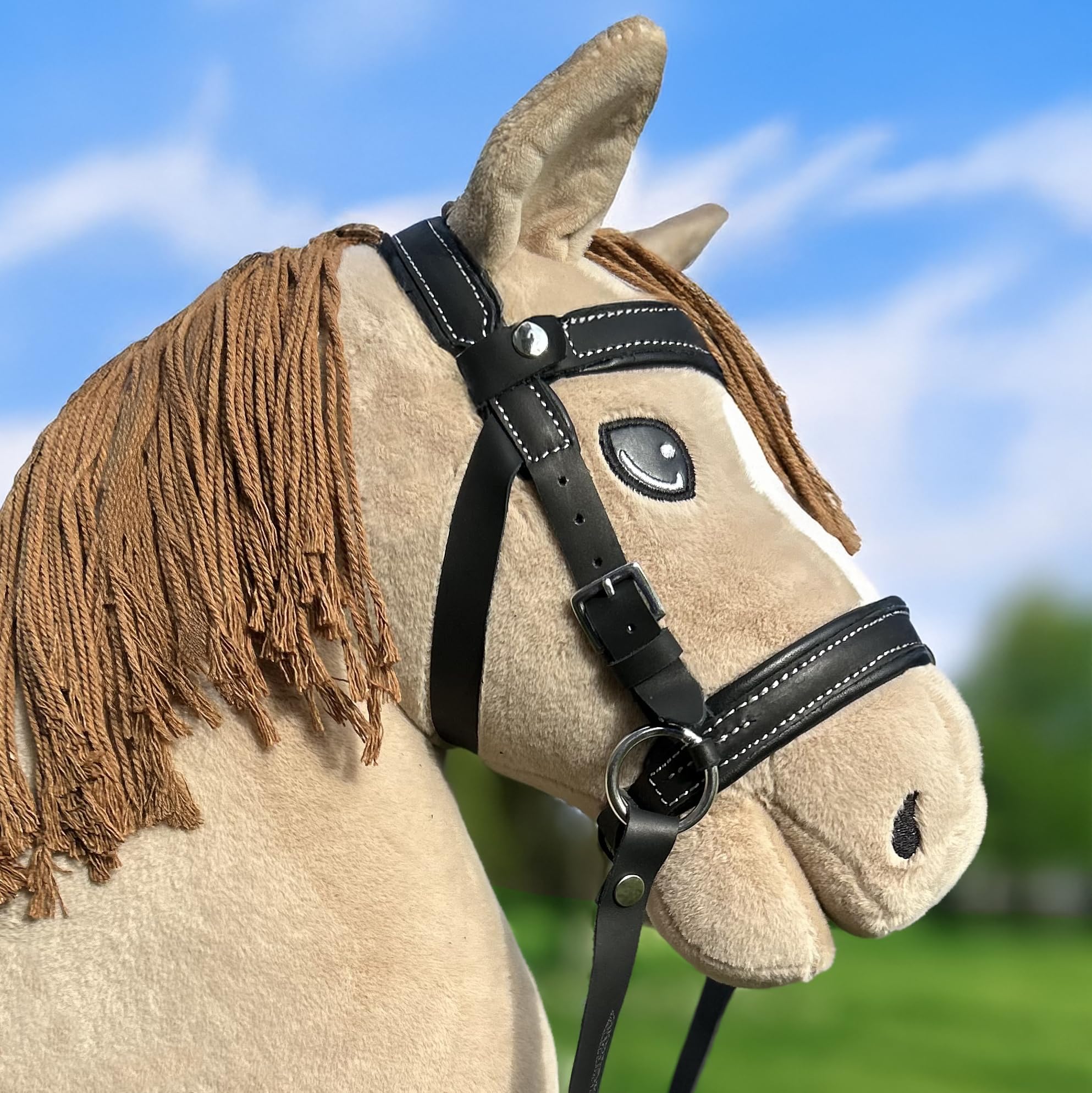 Hobby Horse Ethologisches Trensennetz schwarz für Hobby Horse Größe A3 und A4 verstellbar durch Schnalle Kunstleder mit weißen Nähten