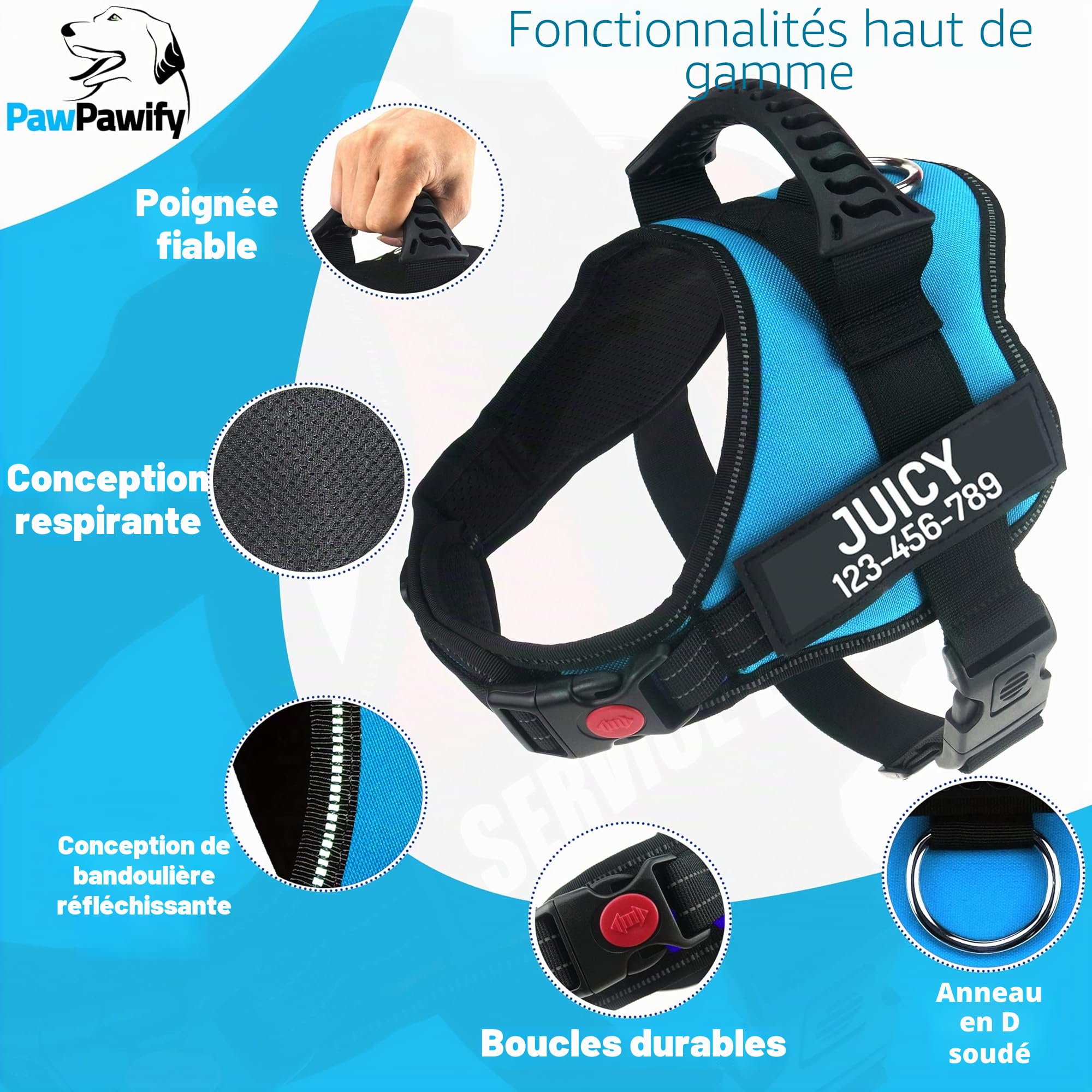 Harnais anti-traction pour chien avec nom et numéro de téléphone à personnaliser - plus de tiraillement ou d’étouffement - pour dressage et aide à la marche