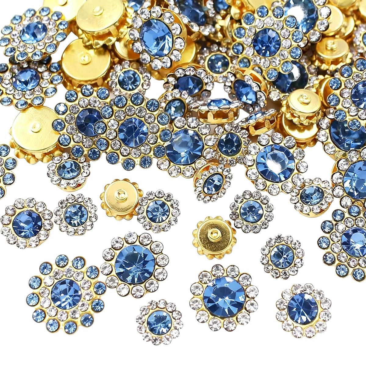 Photo 1 of 100pcs Crystals Glass Sew on Rhinestones with Gold Claw Mixed 8mm 10mm 12mm 14mm Sunflower Gems for Sewing Headband Jewelry Crafts Clothes Shoes Belt Wedding Accessories (09 Light Blue)