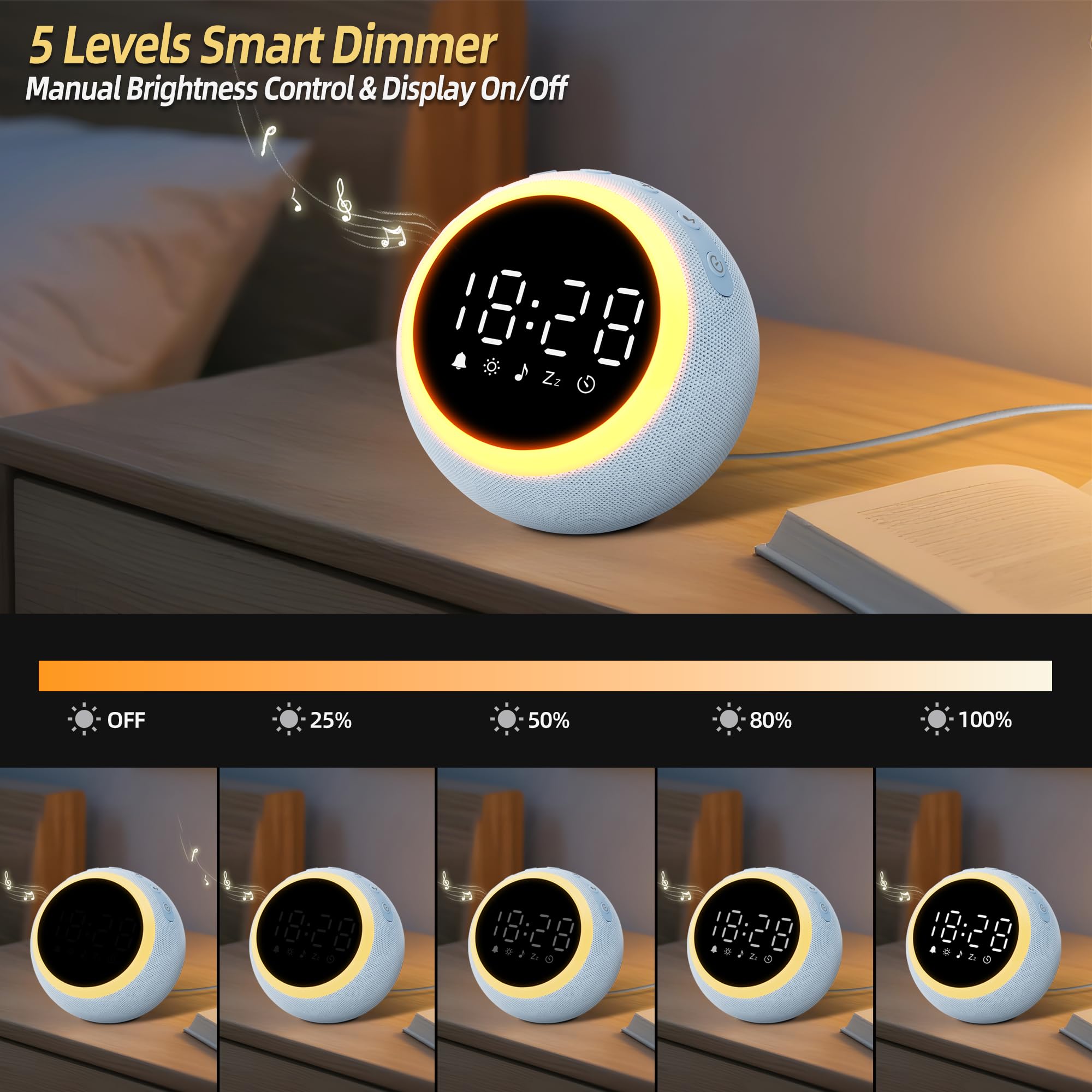 Maxstar Sveglia Digitale Intelligente con 25 Suoni Rilassanti, Luci Notturna,Snooze,Timer,Volume e Luminosità Regolabili - Sveglia da Comodino per Bambini,Adulti (Macchina Rumore Bianco per Dormire)