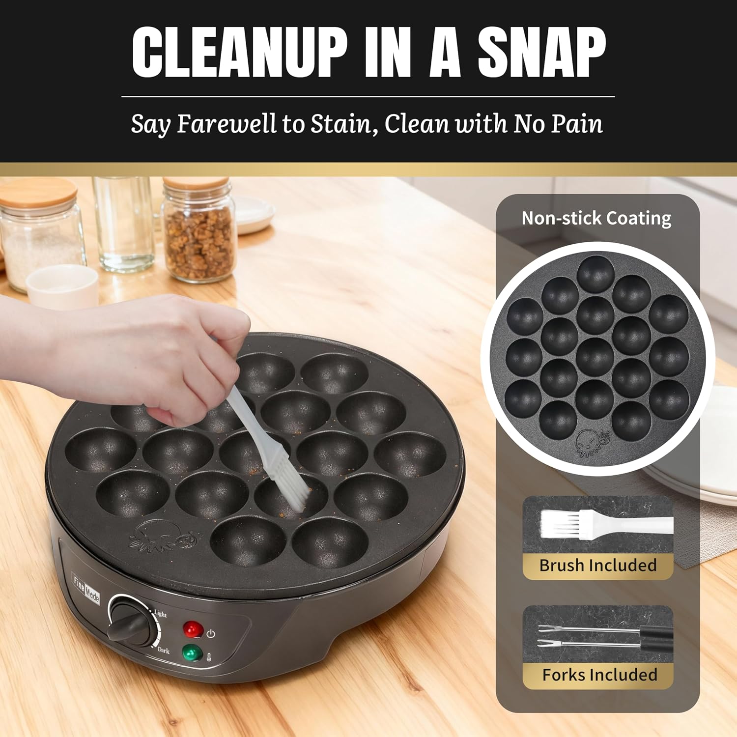 Hand cleaning the non-stick surface of the FineMade Takoyaki Maker with a brush