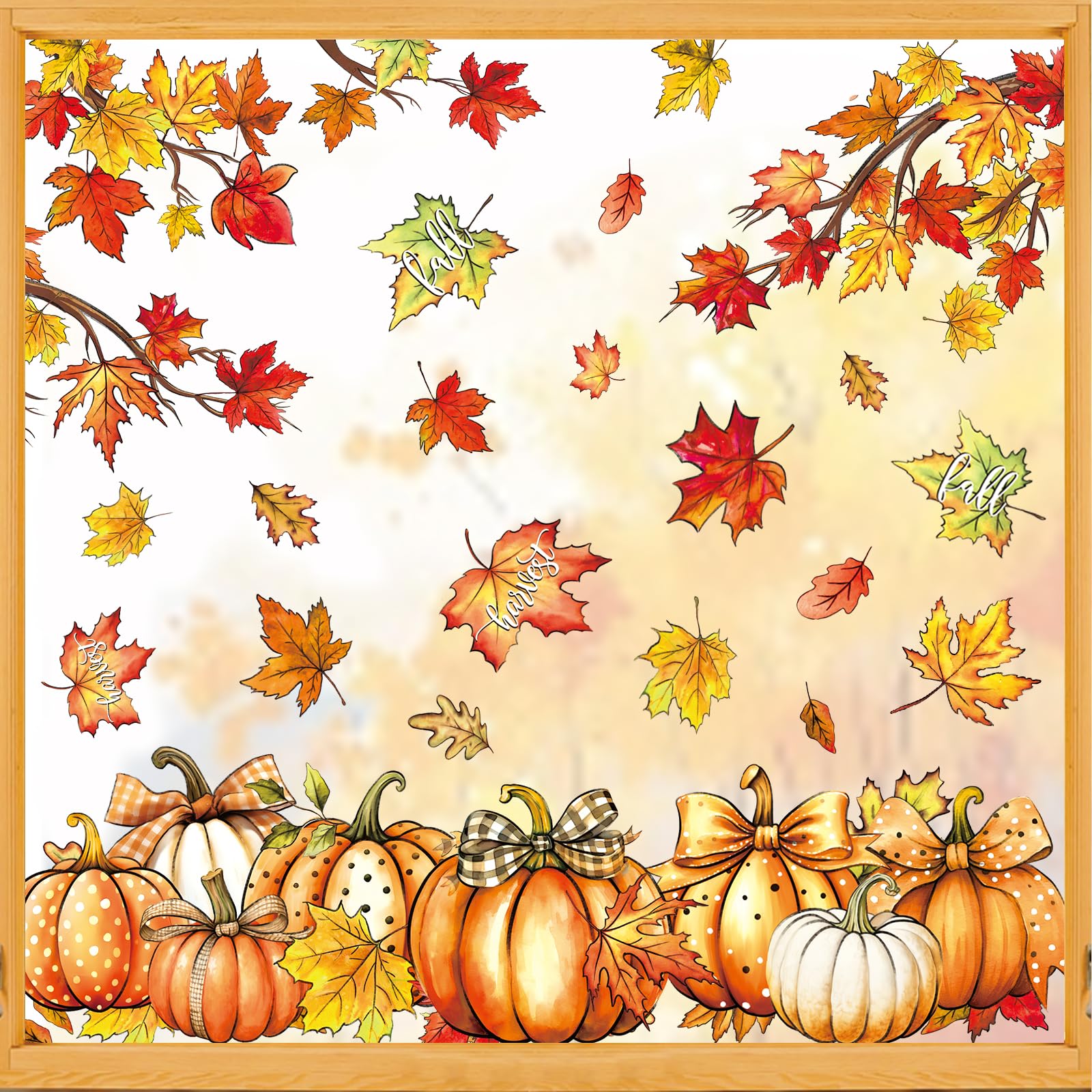 JarThenaAMCS 9 Sheets Fall Pumpkin Window Clings Autumn Maple Leaves Pumpkin Window Stickers Thanksgiving Static Reusable Window Decals for Harvest