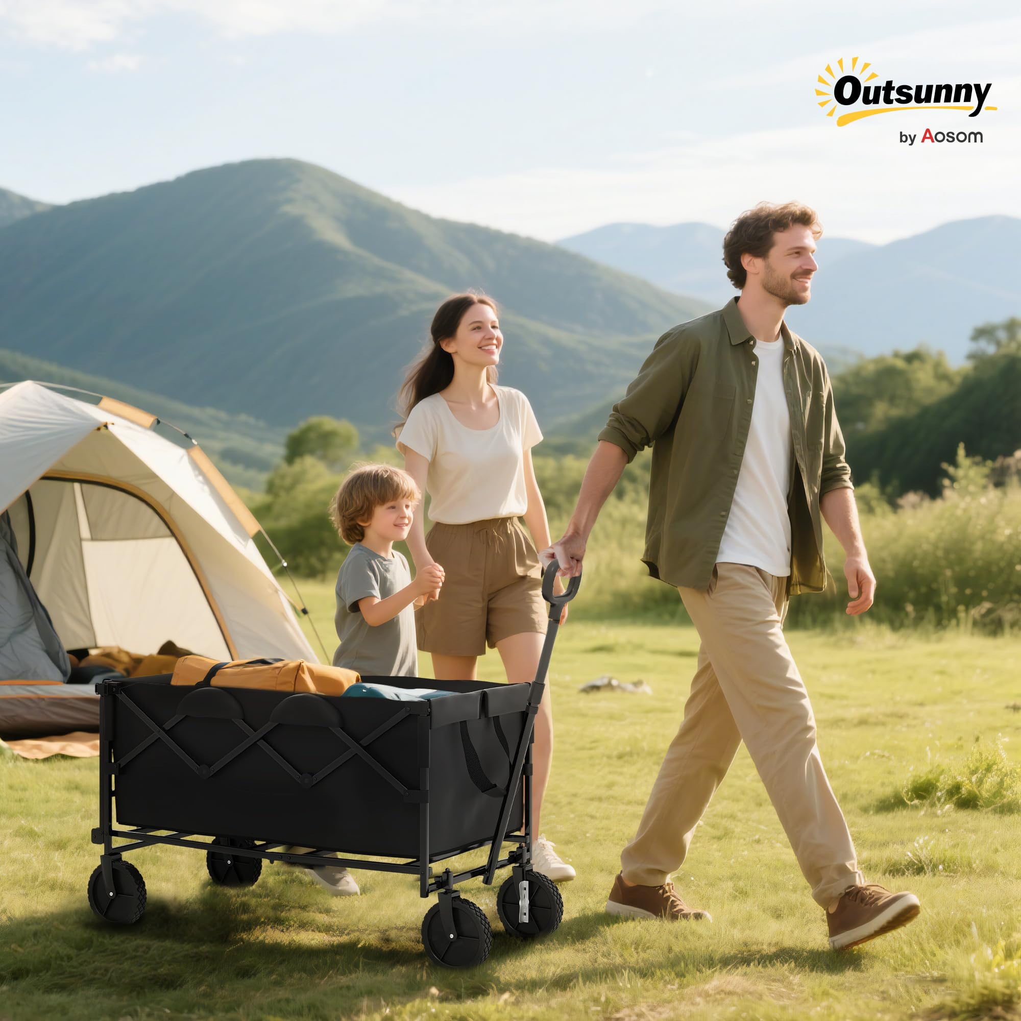 Outsunny Carrello Campeggio da 160L con 4 Ruote Girevoli, Carrello da Campeggio Pieghevole in Acciaio e Tessuto Oxford con Borsa Espandibile e Maniglia Girevole e Regolabile, 95x55x102 cm, Nero