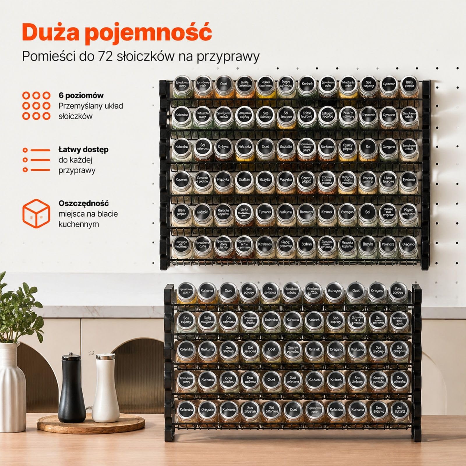 Organizer na przyprawy do szafki kuchennej, 6 poziomowy, z 72 pustymi sloikami