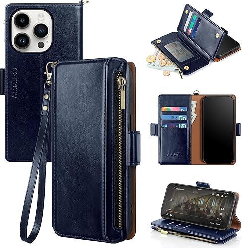 Antsturdy Funda tipo cartera compatible con iPhone 15 Pro, bloqueo RFID, funda de piel sintética para teléfono para mujeres y hombres con tarjetero