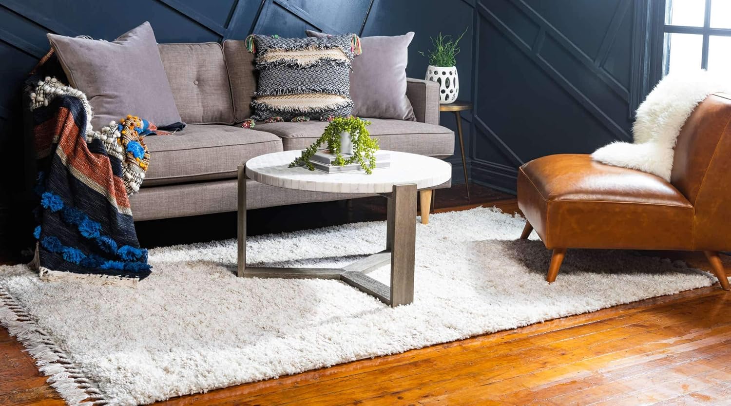 Unique Loom Hygge Shag Collection Modern Moroccan Inspired, Plush & Cozy Area Rug (9' 0 x 12' 0 Rectangular, Ivory/ Tan)