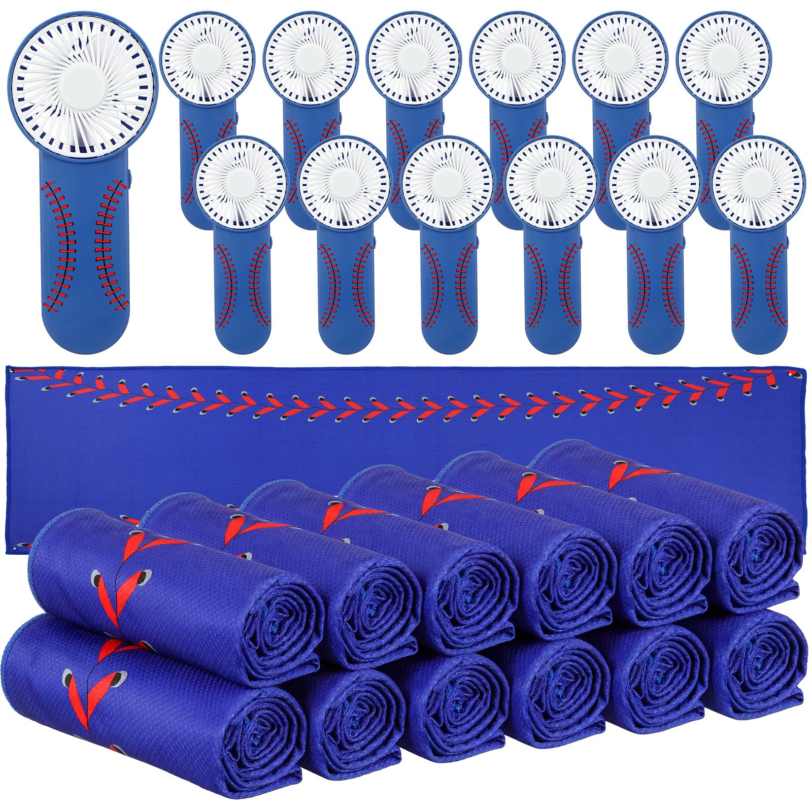 Tujoe Lot de 24 cadeaux de sport, comprend 12 serviettes rafraîchissantes de 101,6 x 30,5 cm, 12 mini ventilateurs portables pour cadeau d'équipe, cadeaux de fête sportive, batterie non incluse (bleu