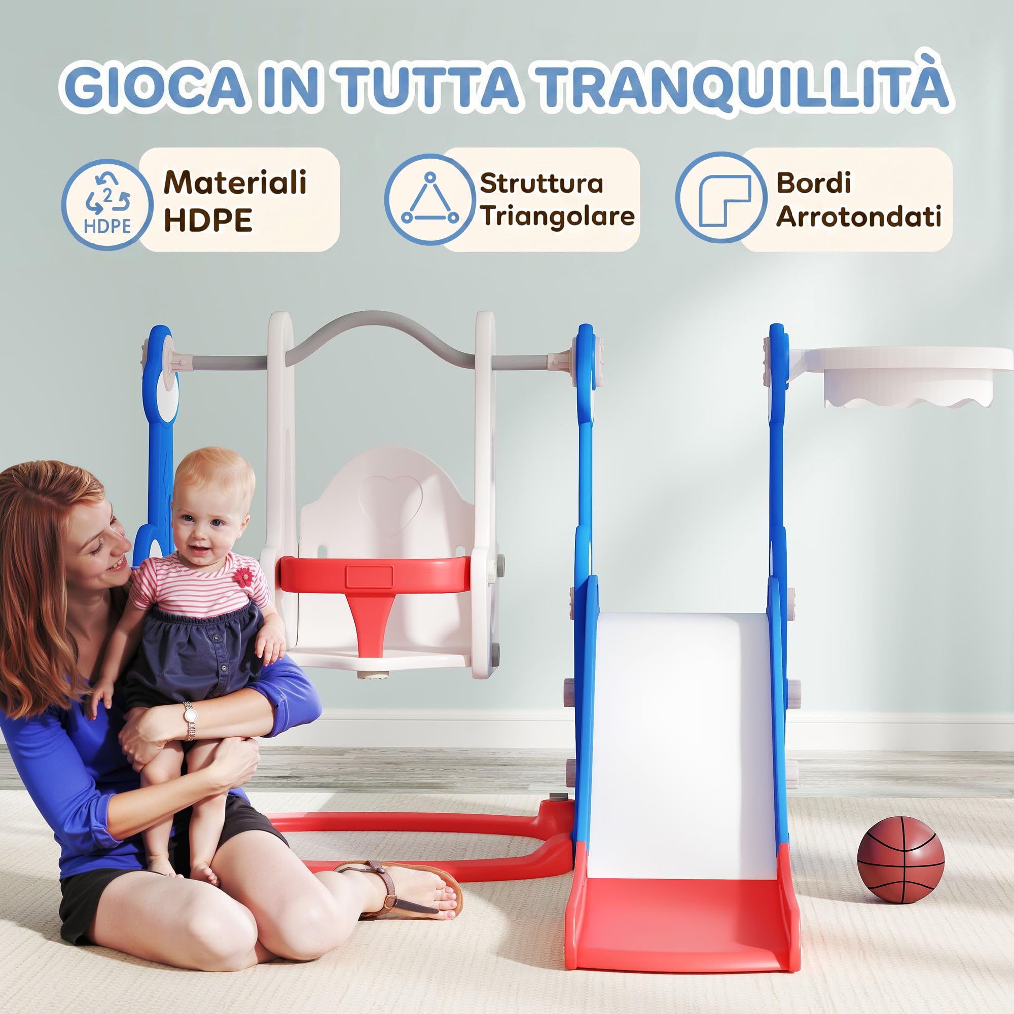Qaba 4-in-1 Kletterrutsche mit Basketballkorb, 1,5-4 J., dunkelblau | Baby-Kinder Indoor-Rutsche-Schaukel-Set, Indoor-Spielplatz, für Jungen Mädchen Kleinkind, Raketen-Thema