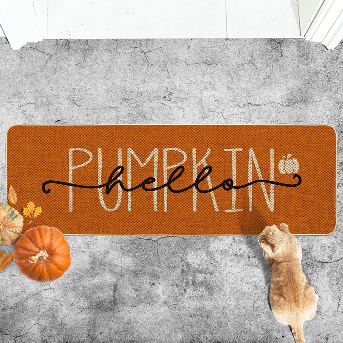 Artoid Mode Orange Hello Pumpkin Fall Doormat, Autumn Home Decor Low-Profile Runner Rug Door Mat Floor Mat for Indoor Outdoor 24x72 Inch