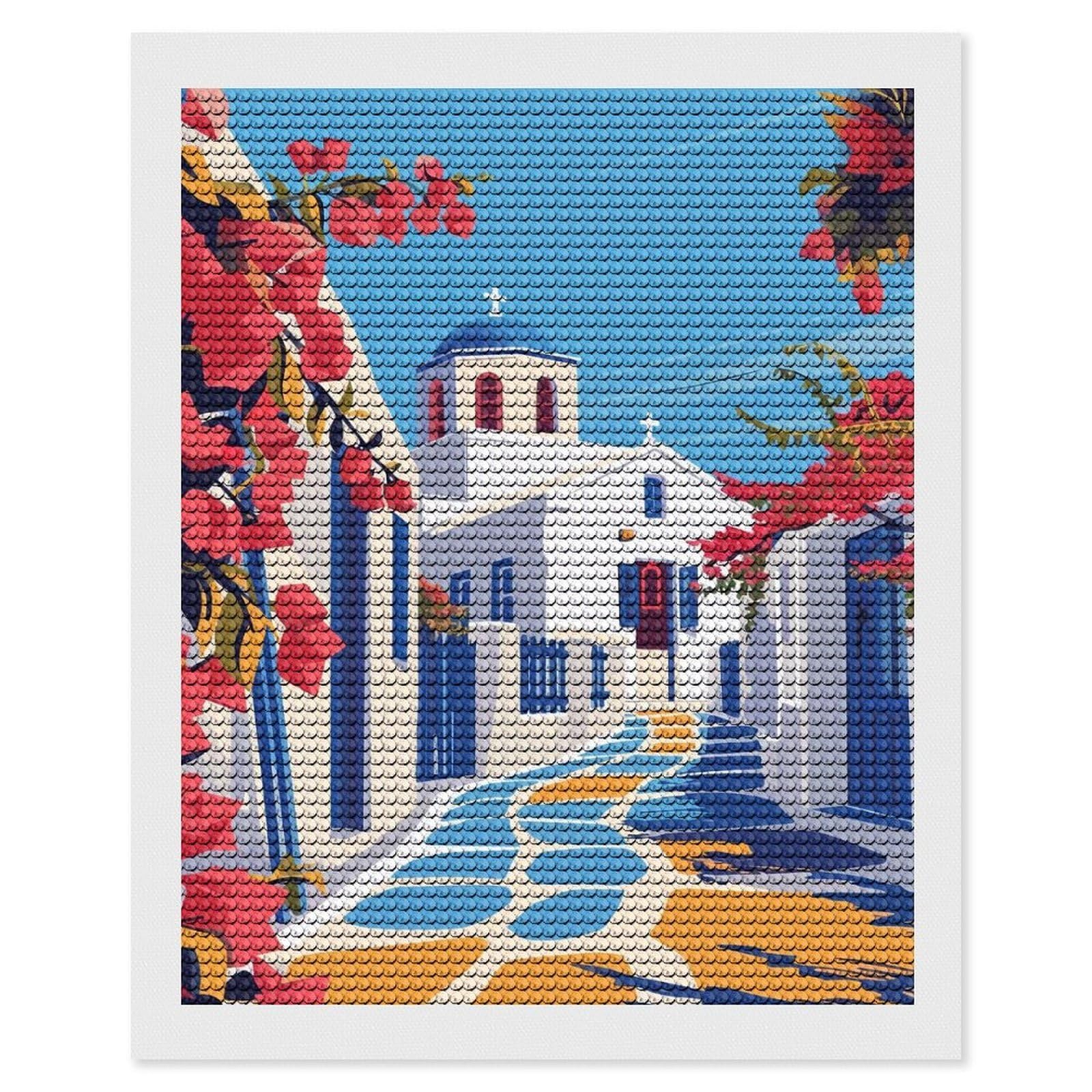 Junmoney Greek Town Greece Art Round Drill Diamond Painting 16"x20", for Adults, Creative Leisure Activity, Office Decor, Holiday Gift Idea