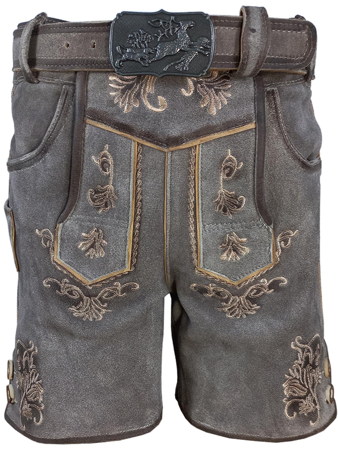 Kinder Trachten Lederhose kurz, wildbockleder, Weiches Veloursleder, Antik Smoke, Matteo Gr 80 bis 164
