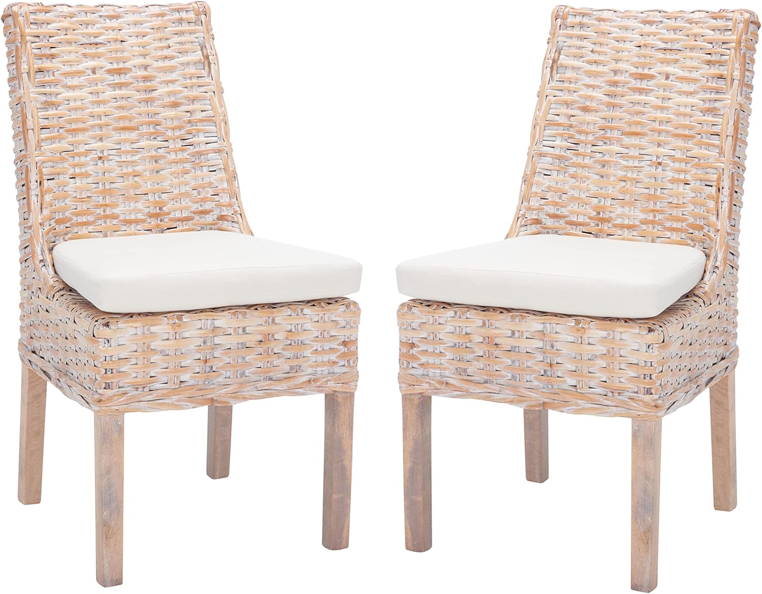 SAFAVIEH Home Collection – Suncoast Set of 2 Natural White Wash Rattan Arm Chairs with Cushions, Coastal Style Seating, Fully Assembled (FOX6540A-SET2)