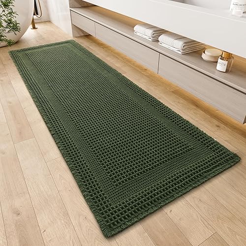 Miniatura 10 de AMOAMI Alfombra de Baño con Textura Waffle, Alfombras de Baño Absorbentes para Baño Antideslizantes, Alfombras de Baño Lavables a Máquina con Borlas