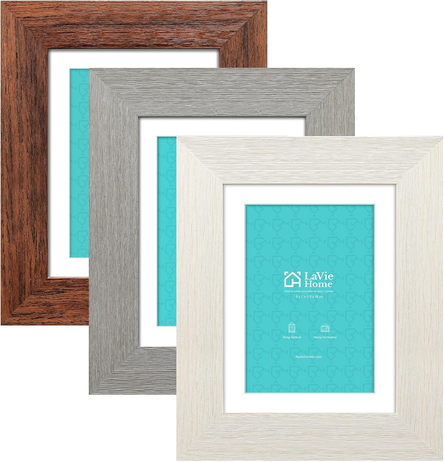 LaVie Home 5x7 Picture Frames (3 Packs, Brown&White&Gray) with Real Glass, Wall or Tabletop Display Pictures 5x7 with Mat or 4x6 Without Mat, French Country Style Perfect for Home Decor