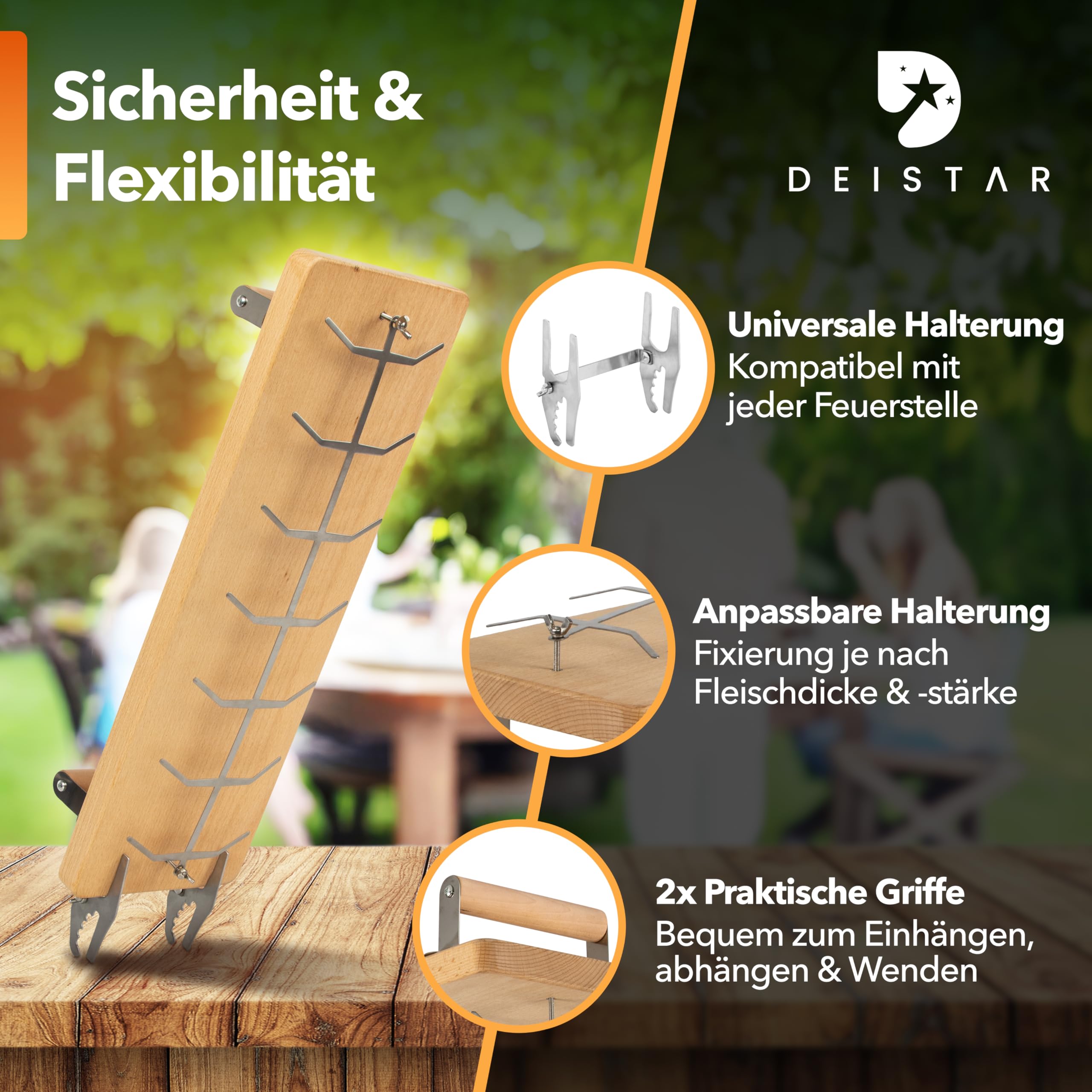 Flammlachsbrett mit Halterung 100% Buchenholz – Edelstahl Halter – 55 cm – Grillbrett für Flammlachs BBQ