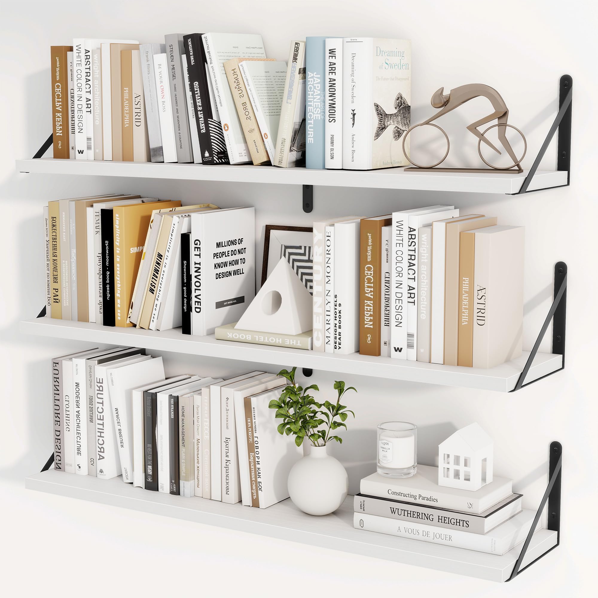 Heimlove 36 Inch White Floating Bookshelves Set of 3,Heavy Duty Wall Mounted Bookshelves,Wall Bookshelf for Living Room,Bedroom,Kitchen,Laundry Room Storage & Decor