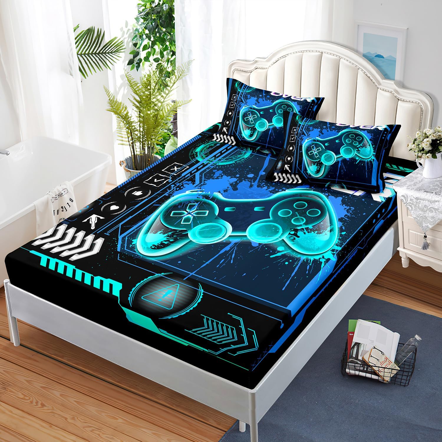 AILONEN Gamer Fitted Sheet Set Full Size, Blue Game Controller Boys Bedding Set Decor,Gamer Bed Sheet Set 3 Pieces Boys Sheet Set,Video Game Fitted Sheet and 2 Pillowcases