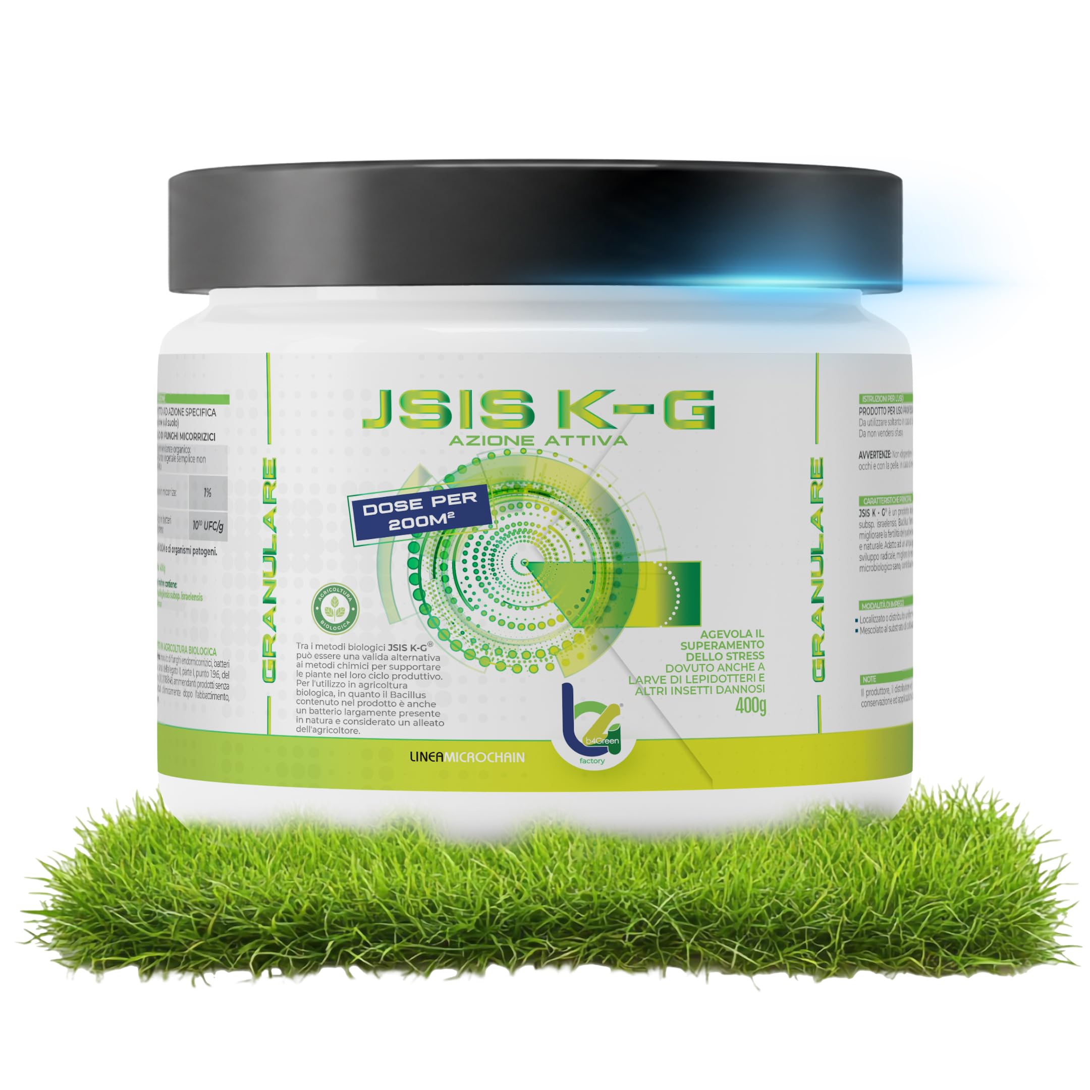 B4Green JSIS K-G Granulare 400g per 200m² – Bacillus Thuringiensis Kurstaki Israelensis Larvicida Biologico per Prato, Larve di Lepidotteri e Bruchi, Ammendante per Agricoltura Biologica