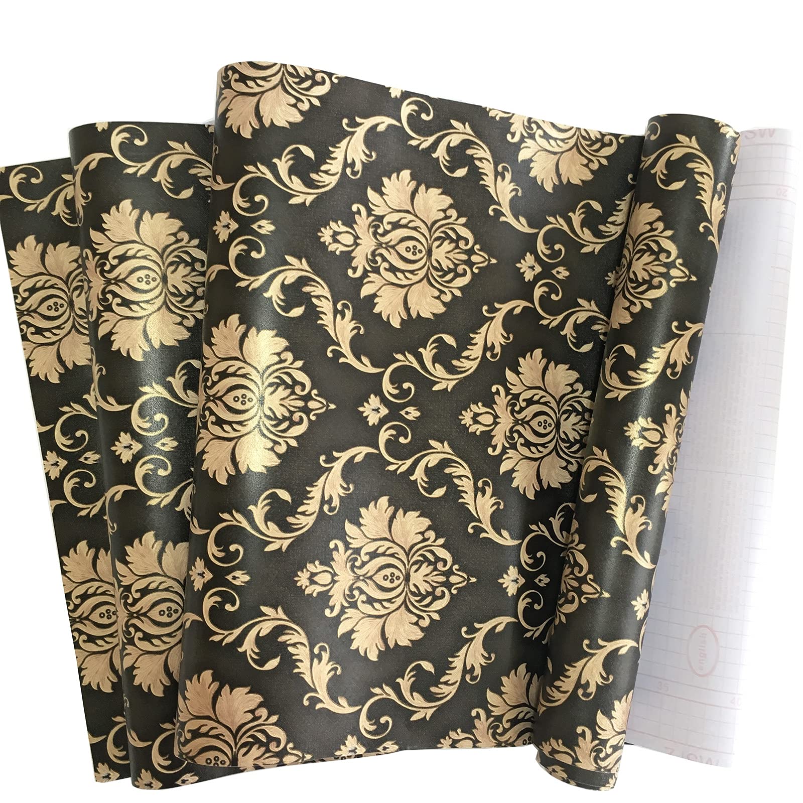 MyFun 11Yards Luxury Black-Gold Floral Damask Wallpaper Peel and Stick, Vintage Removable Contact Wall Paper Decals for Living Room Furniture, 48.4