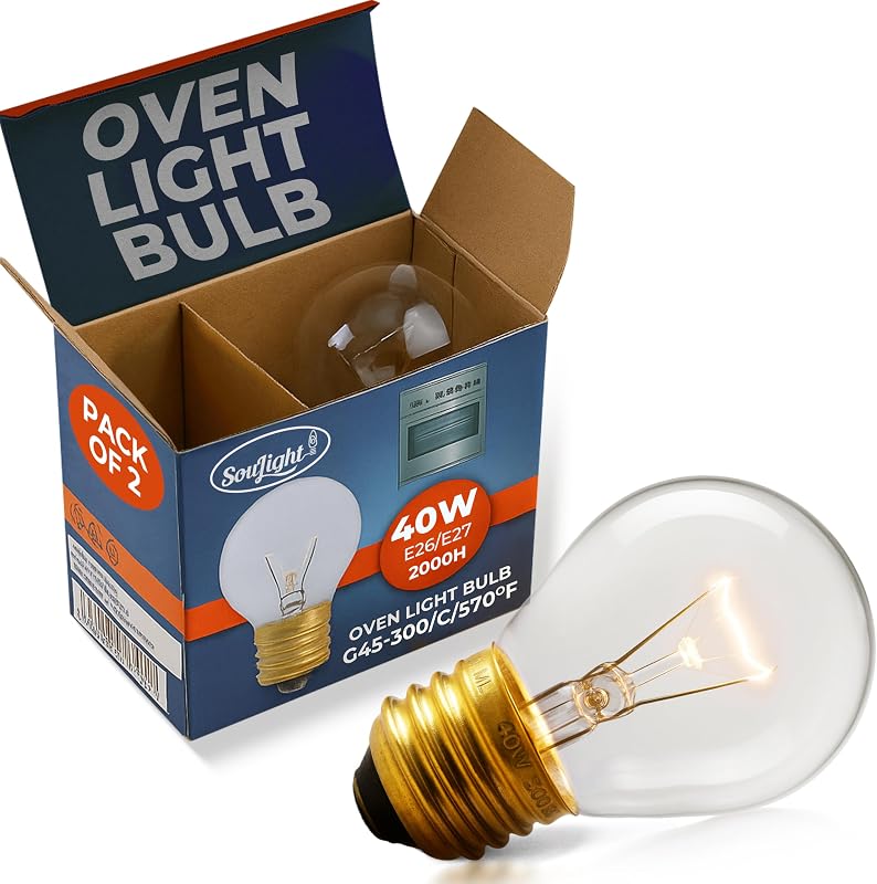 Bombilla para horno SouLight: bombillas de repuesto para electrodomésticos de 40 vatios para horno, estufa, refrigerador y microondas. Incandescente - Enchufe G45 E26/E27 de alta temperatura - Blanco cálido - 400 lúmenes - Transparente. Paquete de 2