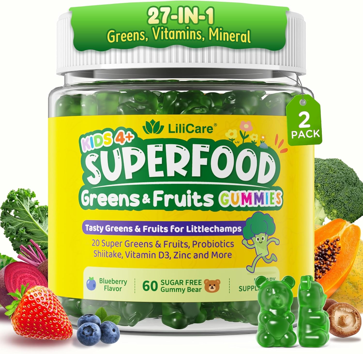 Kids Super Greens Gummies, Superfood Multivitamin for Kids, 20+ Veggie, Fruit, Vitamin, Mineral, Probiotic, Kids Vitamin Gummies for Growth, Immunity, Digestion, Picky Eater Approved, Sugar Free 2Pack