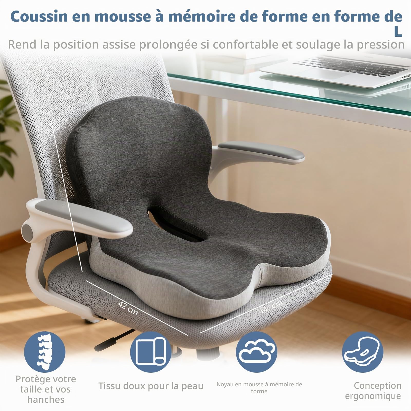 Yolispa Coussin Chaise Lombaire, Coussin d'assise Orthopédique avec Dossier, Ergonomique pour Chaise de Bureau Coussin de Siège de Voiture Memoire Forme