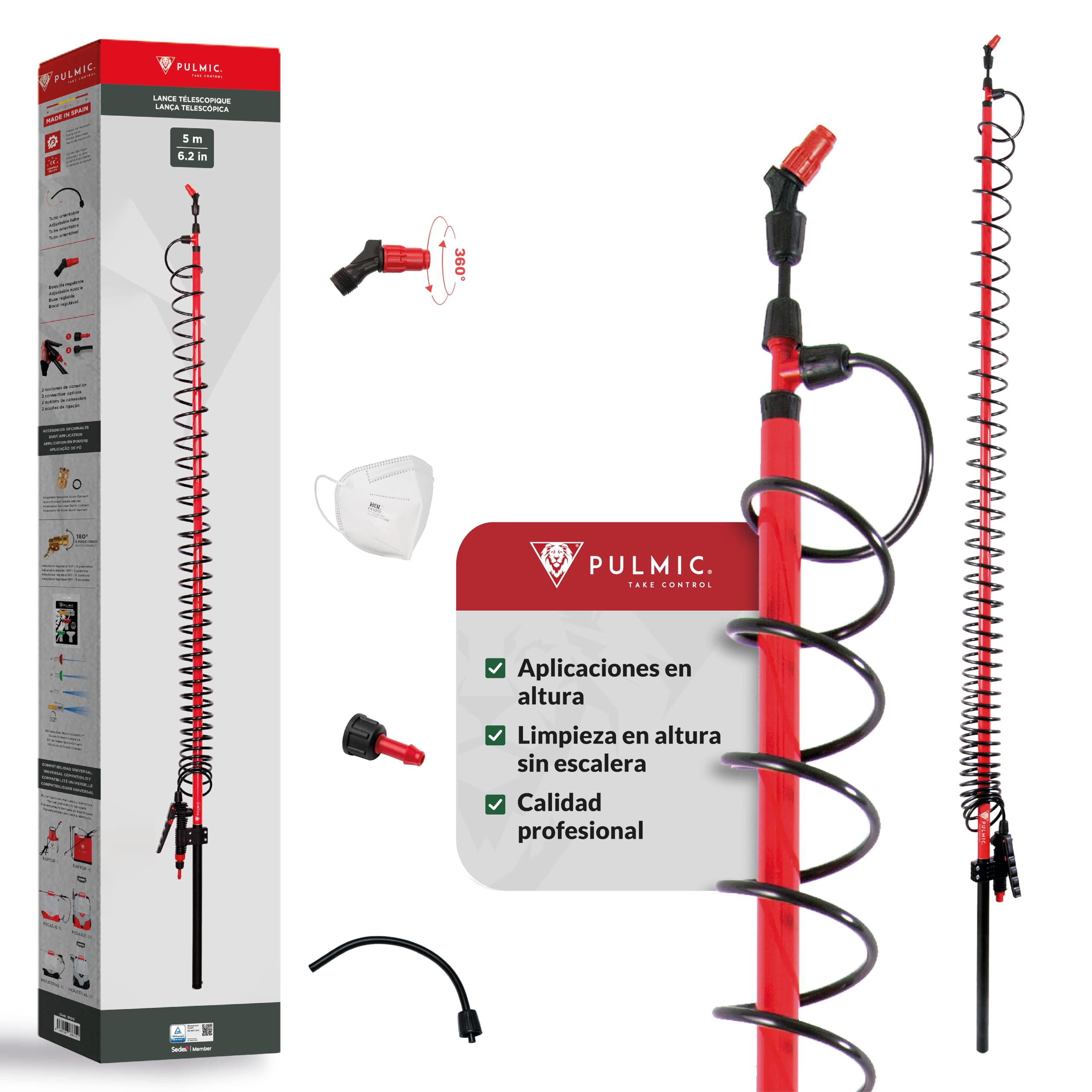 PULMIC Lanza Telescópica Pulverizador 5 Metros. Ergonómica. Extensible. Profesional. Ajustable hasta 5m. Aplicaciones en Altura. Ultra Ligera. Compatible con cualquier sulfatadora para fumigar.