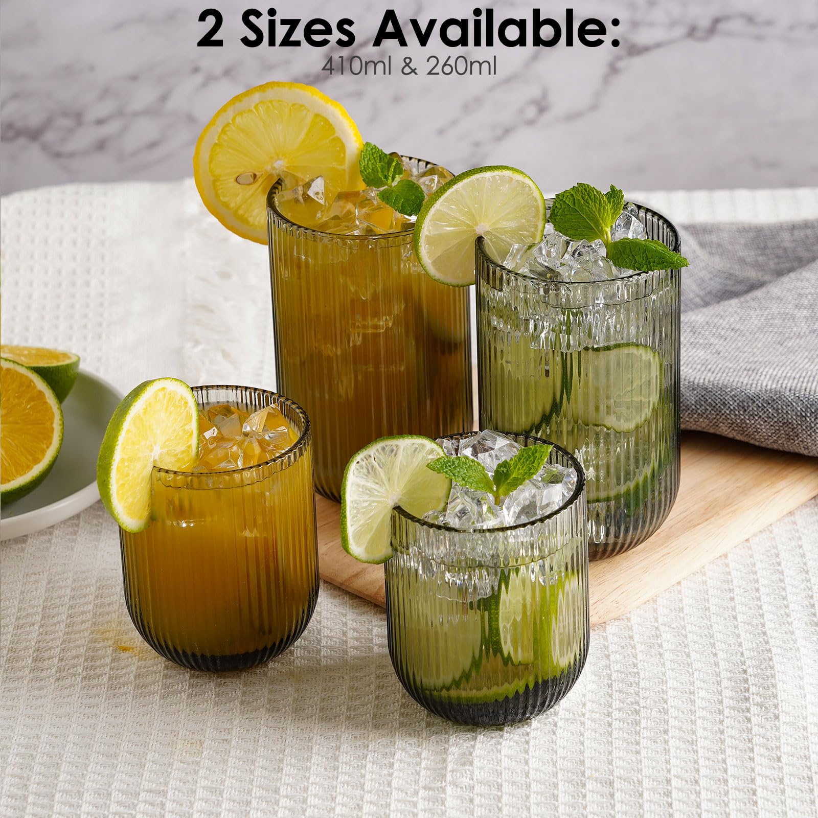 TKNO Gerippte Highball-Gläser, hoch, für Wasser, Gin, Saft, Cocktail, Trinkgläser, Origami-Stil, geriffelt, ideal für Zuhause, Restaurant, Veranstaltungen und Partys, 6 Stück
