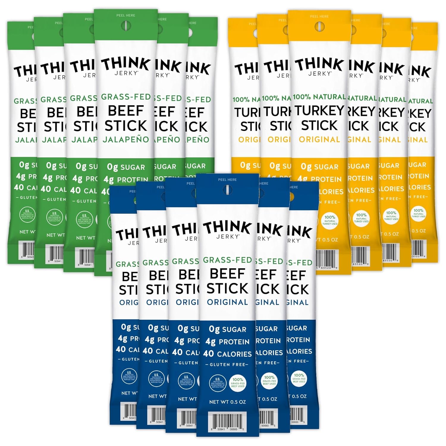 Think Jerky Meat Stick Variety Pack, High Protein, Sugar Free, Gluten Free, No Nitrates Keto Paleo Friendly - 0.5 oz Sticks, 18 Pack