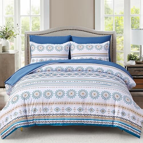 Juego de edredón bohemio tamaño Queen, juego de cama de 7 piezas en una bolsa, juego de ropa de cama a rayas azules, edredón floral de cachemira y