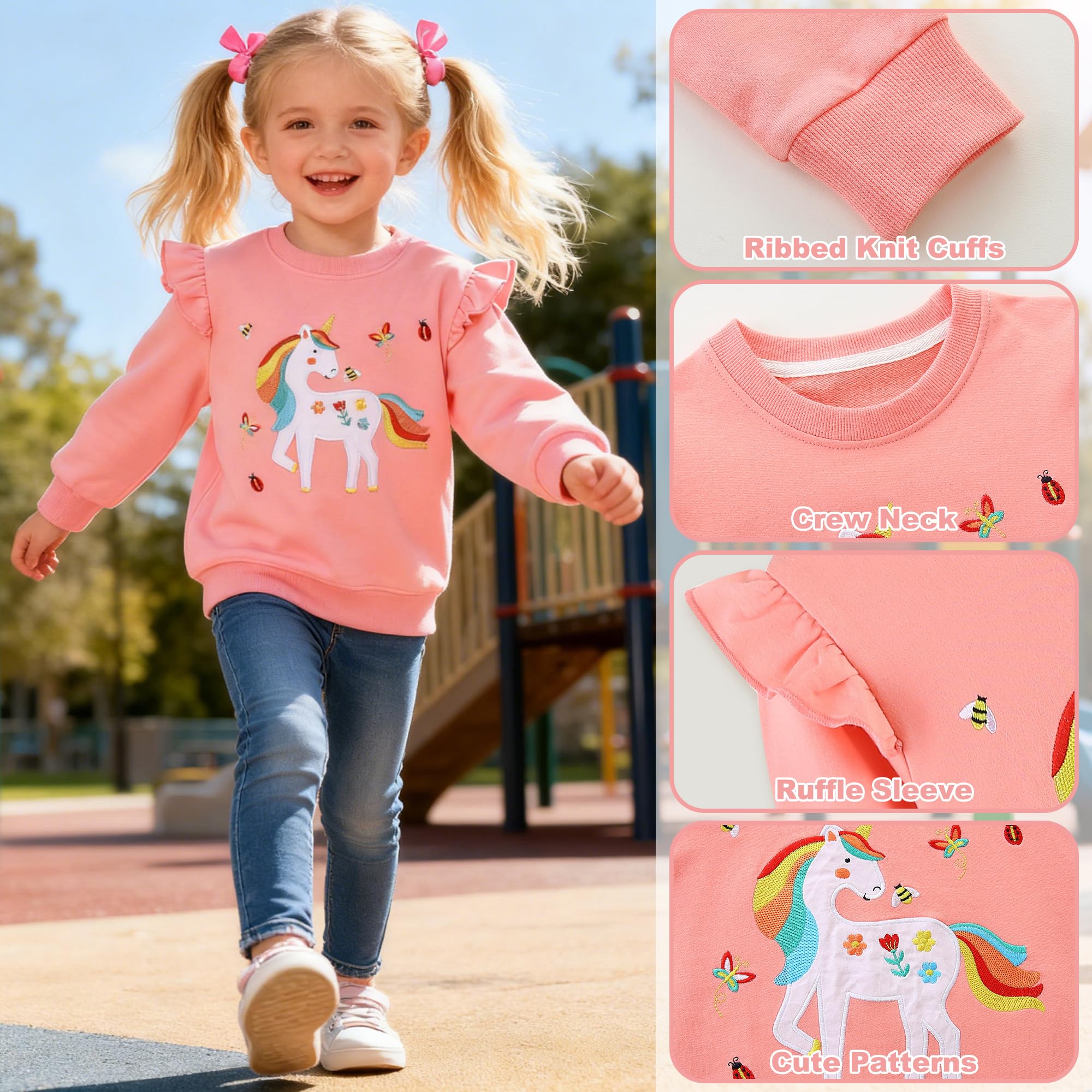 Sudadera Niñas Bebe Jersey Sin Capucha Manga Larga Algodón Camiseta Arcoíris Unicornio Dibujos Pullover Casual Deporte Cuello Redondo Basica Top para Infantil Ropa 2-8 Años