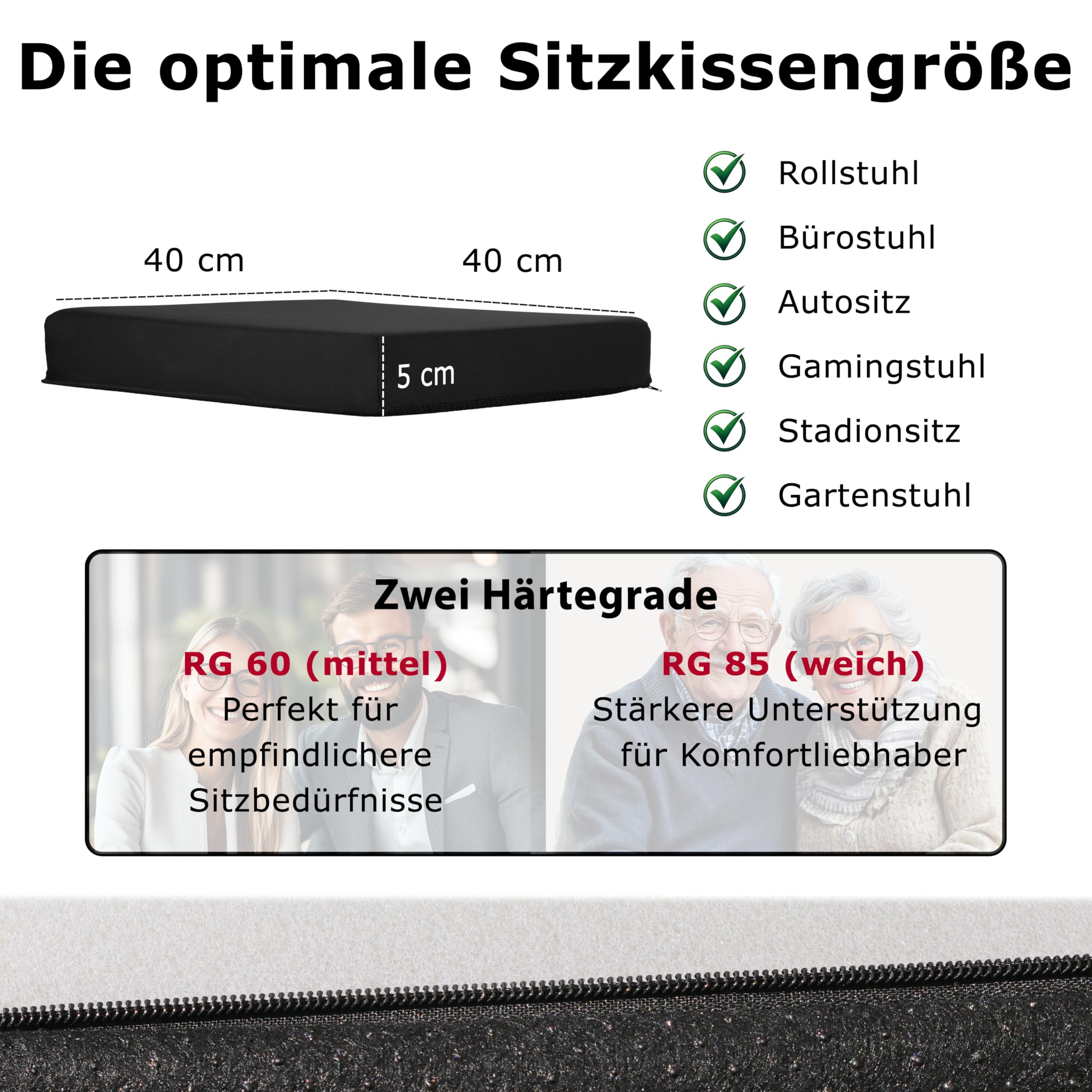 Orthopädisches Anti Dekubitus Gelschaum Sitzkissen 40x40x5 cm – Made in Germany | Ergonomisch & extra kompakt Sitzpolster (RG 60 (weich) Mit Polyester Bezug schwarz)