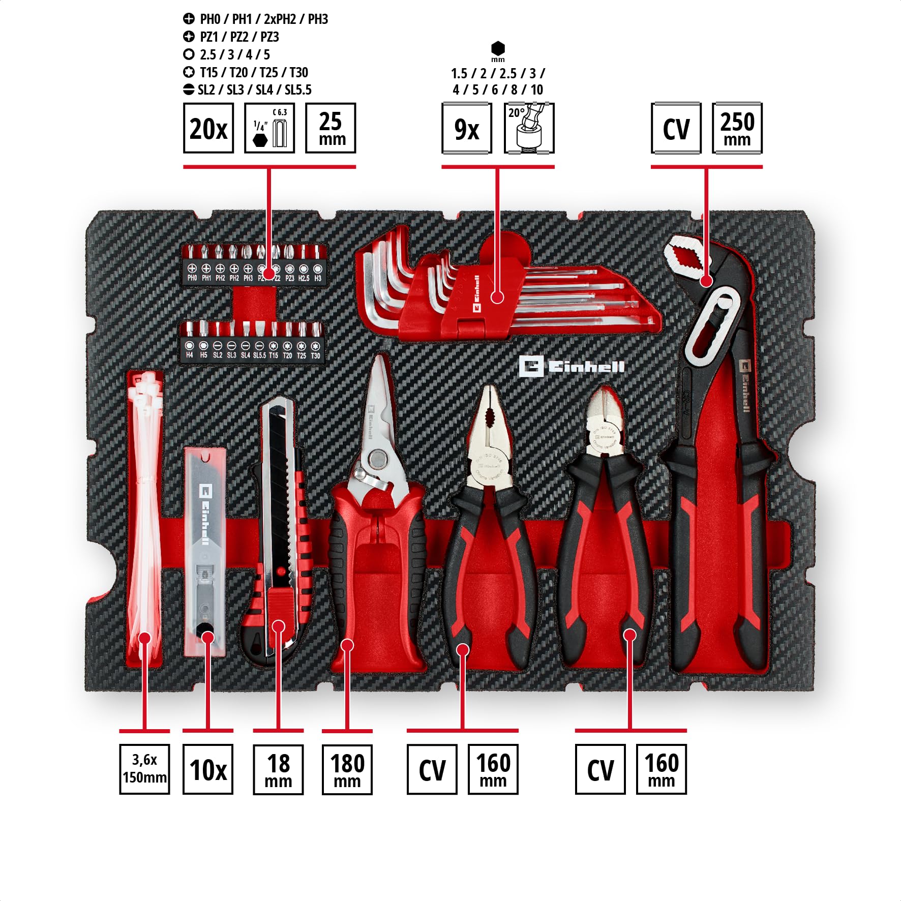 Original Einhell E-Case coffret à outils 79 pièces déménagement (marteau de mécanicien, pinces, accessoires d’embouts, cutter à lame sécable, mètre ruban, niveau à bulle, clés mixtes, coffret système)