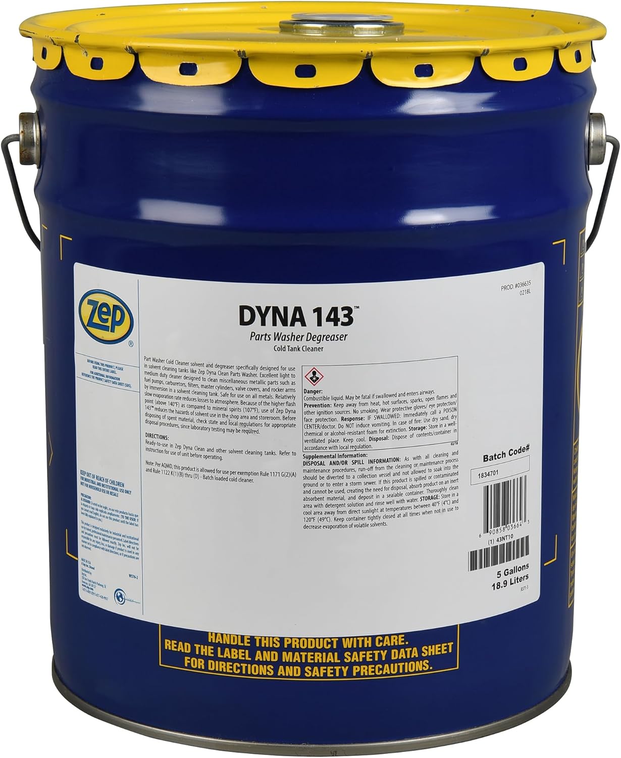 Zep Dyna 143 Parts Washer Solvent 5 Gallon - Odorless High Flash Point Cleaner for Carburetors Engine Parts