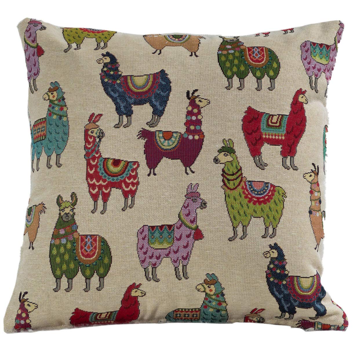 Alpaca Tapestry Double Sided Cushion Cover. 17"x17" Square. Quirky Cute Multicoloured Llama Design. Handmade in the UK from from Heavyweight Woven Fabric.
