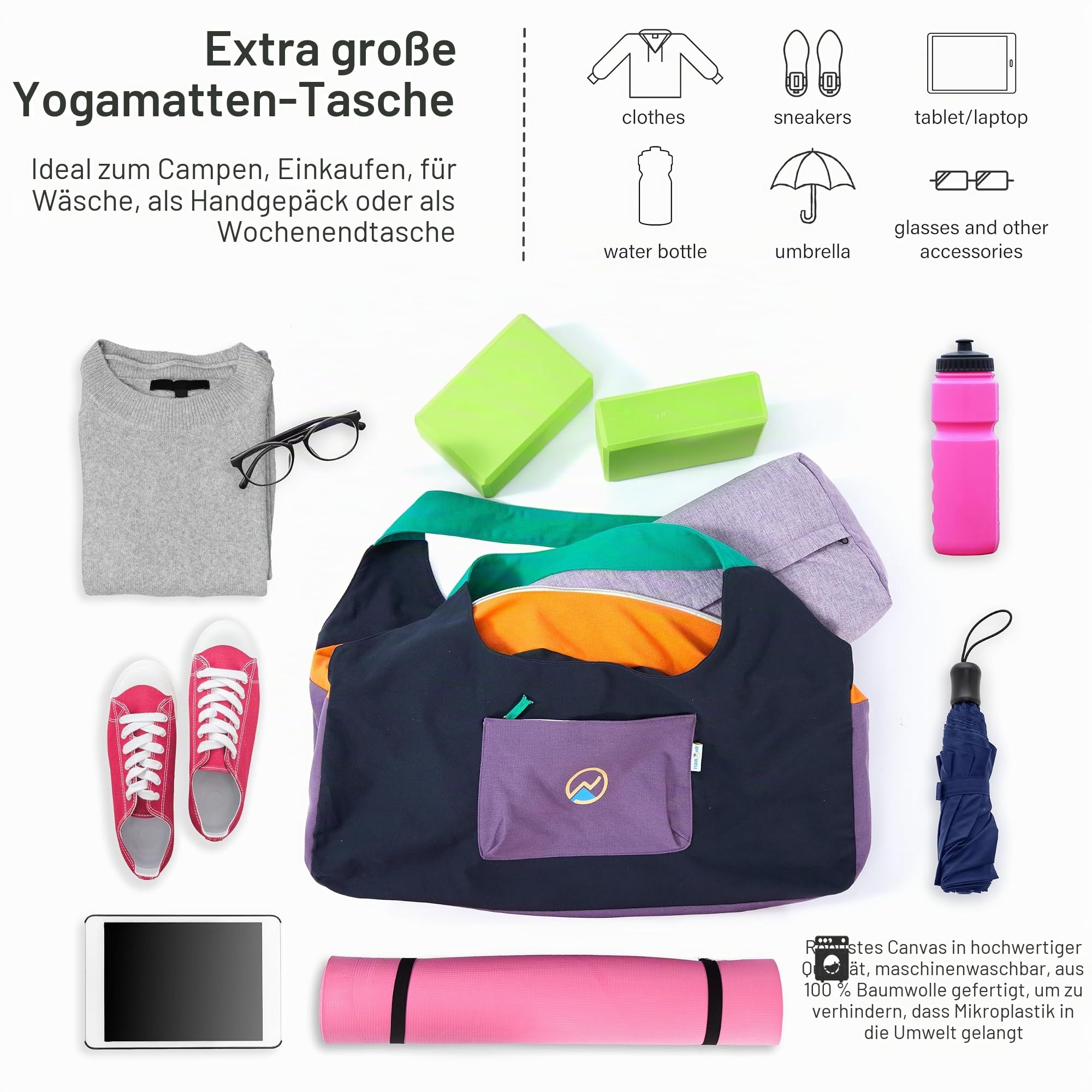 JoYnWell Yogamatten-Tasche – Große Yoga-Tasche mit Yogamatten-Gurt, Reißverschluss und Taschen – Yoga-Tasche