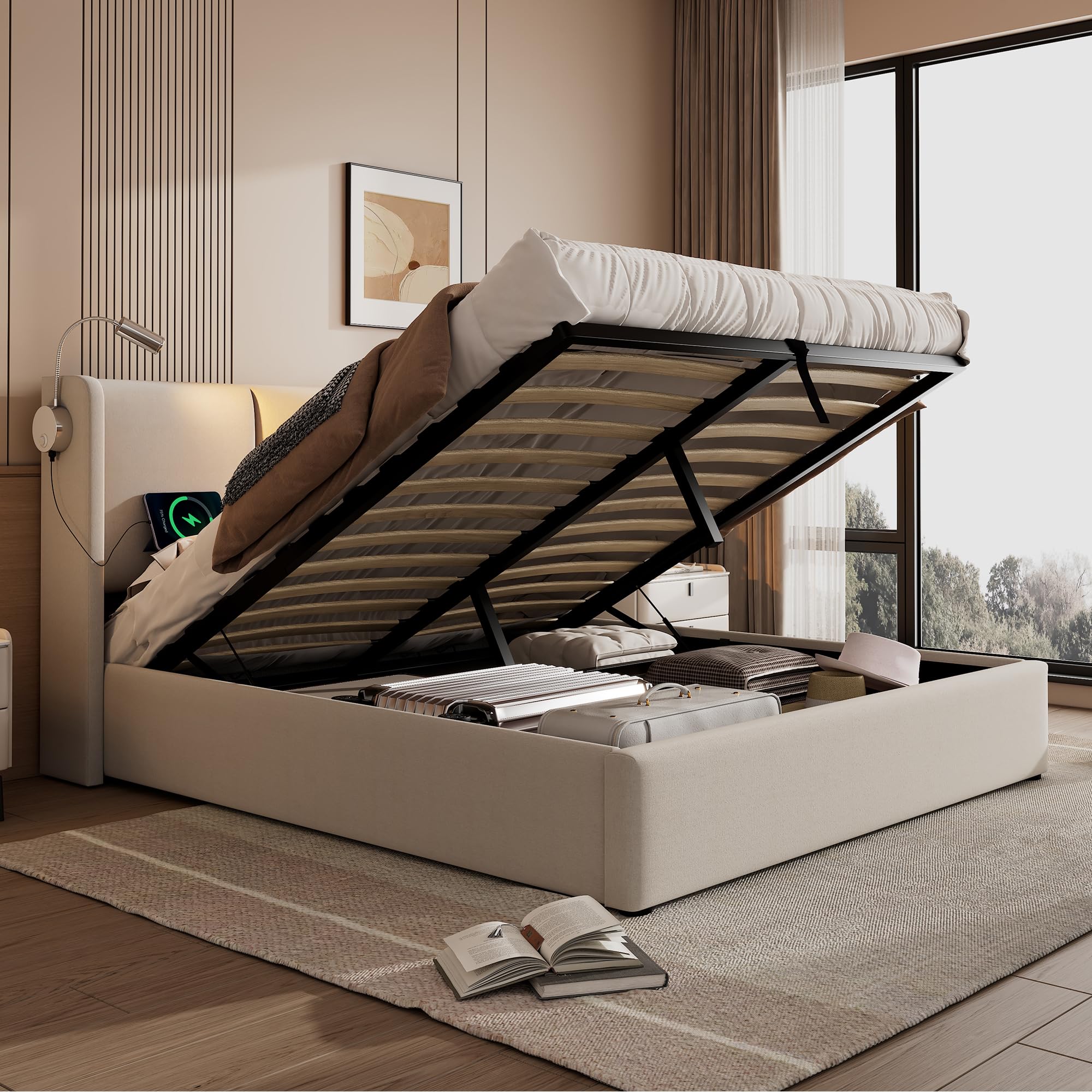 KAZZIO Cama tapizada para cama de matrimonio con espacio de almacenamiento, luz de lectura con función de carga USB, cabecero, estructura de cama de poliuretano, con somier (sin colchón) (beige, 140 x