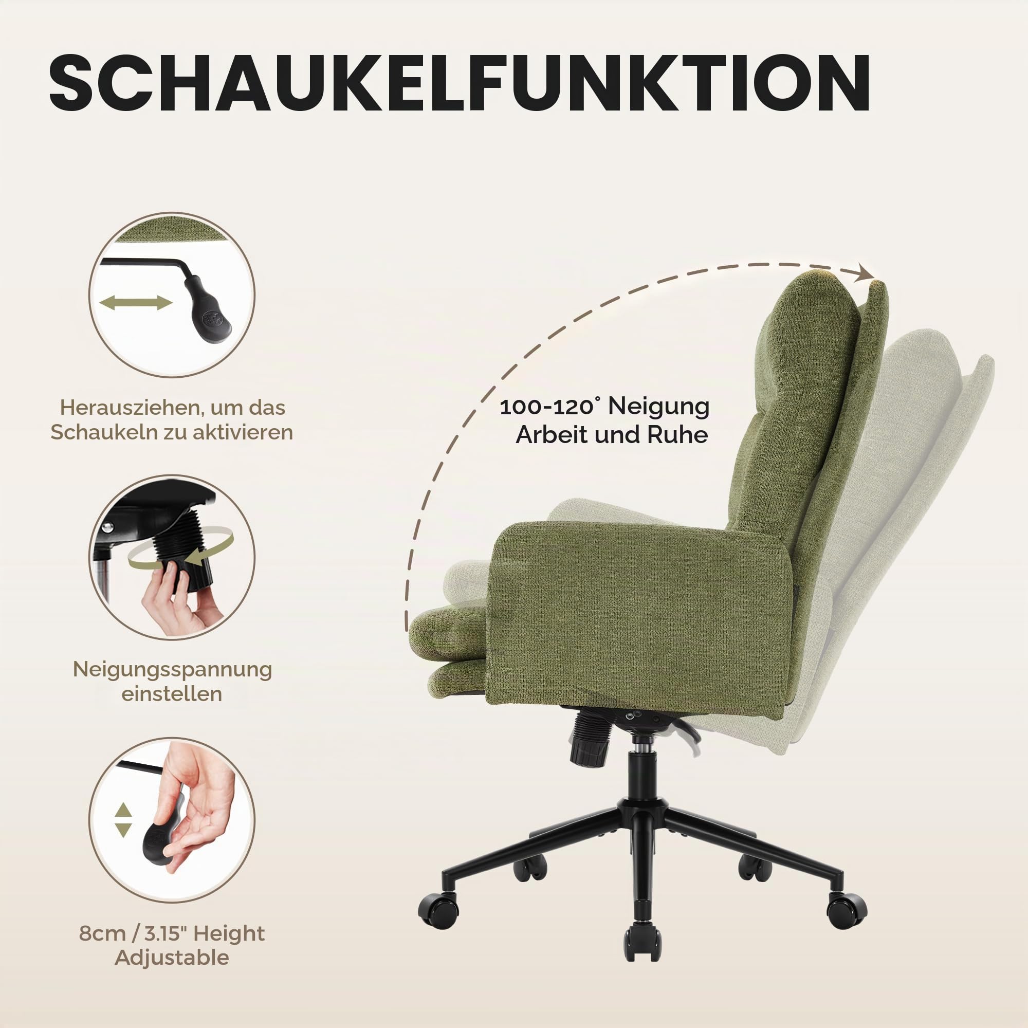 IWMH Schreibtischstuhl mit Hoher Rückenlehne,Bürostuhl Ergonomisch aus Kaschmir, Schminktisch Stuhl mit Armlehne, Drehstuhl Höhenverstellbarer Buero Wohnzimmer (Grün)
