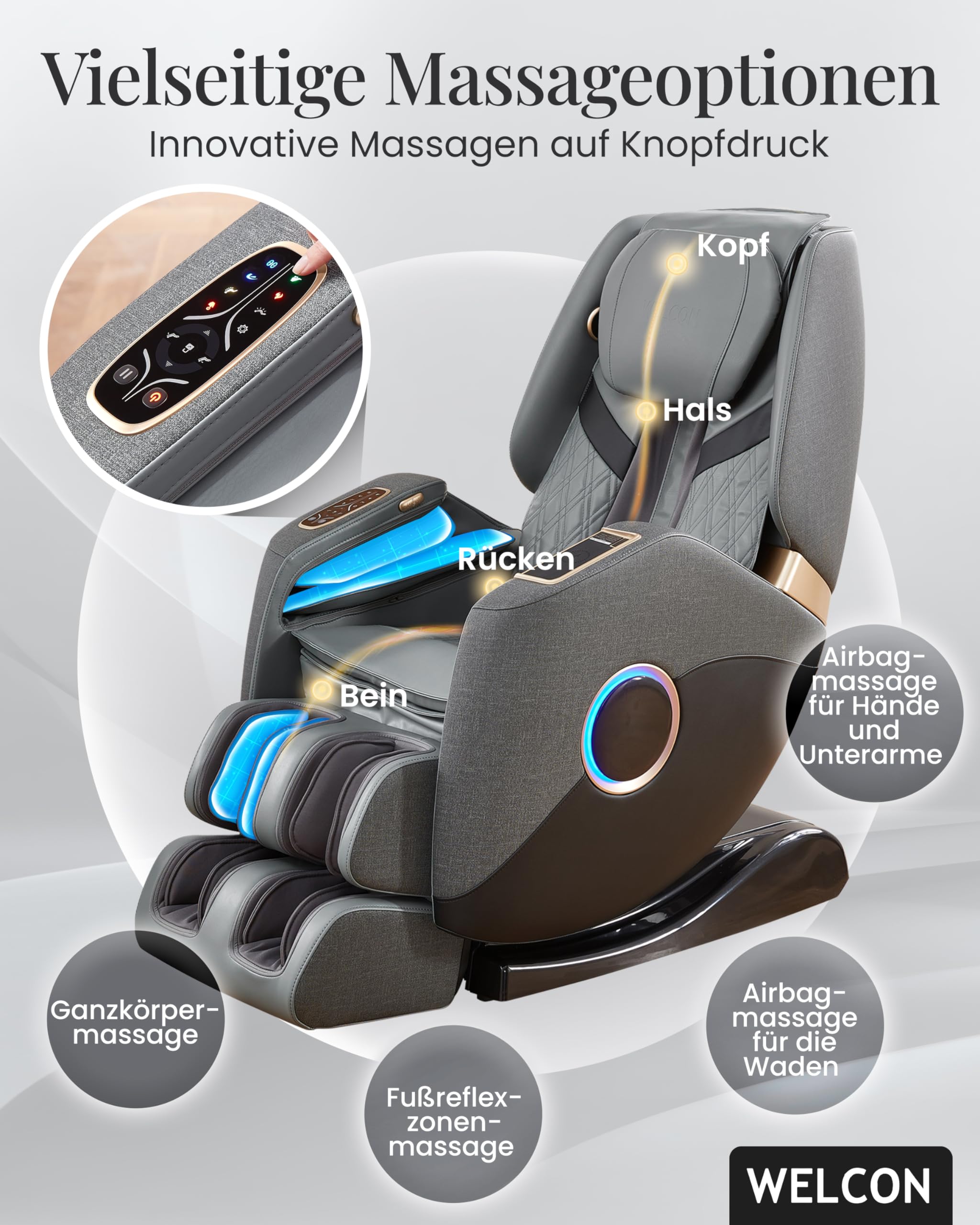 WELCON Easyrelaxx Plus 4D - Sillón de masaje eléctrico, color gris y negro | Sillón de masaje eléctrico con masaje Shiatsu, gravedad cero, función de calor y masaje de cuerpo entero