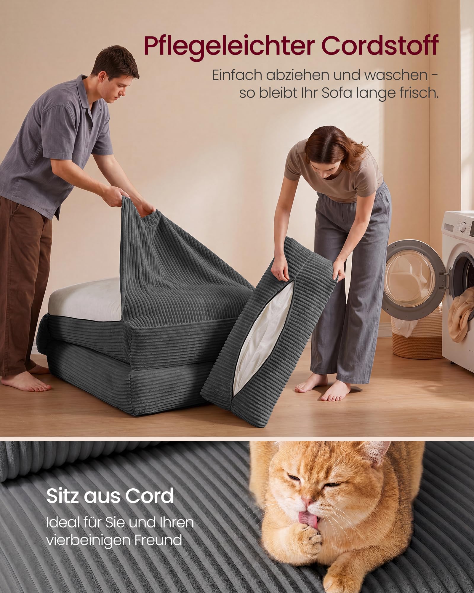 VASAGLE Schlafsessel aus Cord und Schaumstoff, Faltbares Sofabett mit Kissen, 89 x 89 x 78 cm / 89 x 195 x 43 cm, Bleigrau, für Gästezimmer, Camila Kollektion LCS211G101