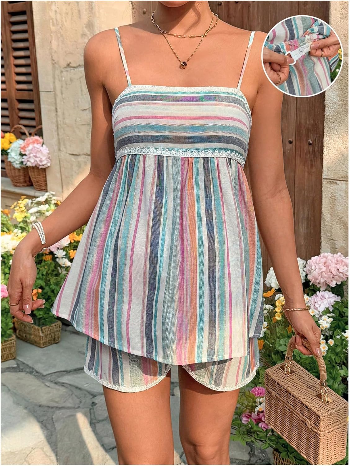 MakeMeChic Women's Maternity 2 Piece Outfits Striped Lace Trim Shirred Cami and Shorts Pregnancy Set - Image 5