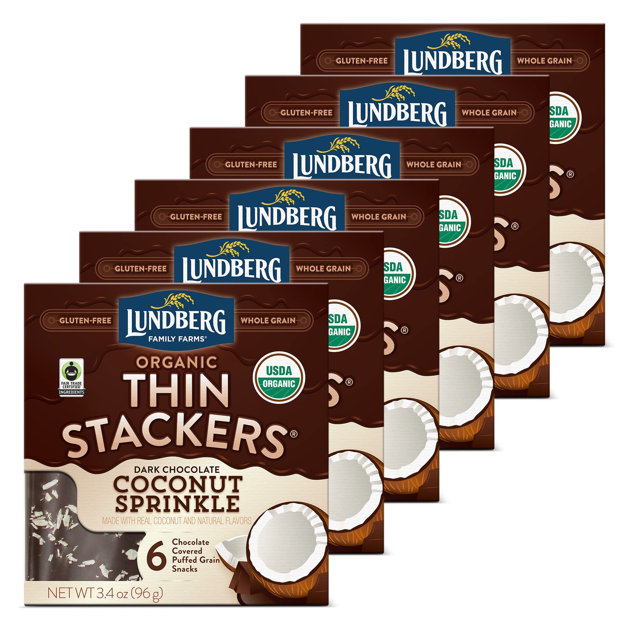 Lundberg, Organic Thin Stackers, 3.4 oz (GlutenFree, Whole Grain, Kosher Dairy, USDA Organic, NonGMO Project Verified, Fair Trade Certified Ingredients), Dark Chocolate Coconut Sprinkle, 6 Count