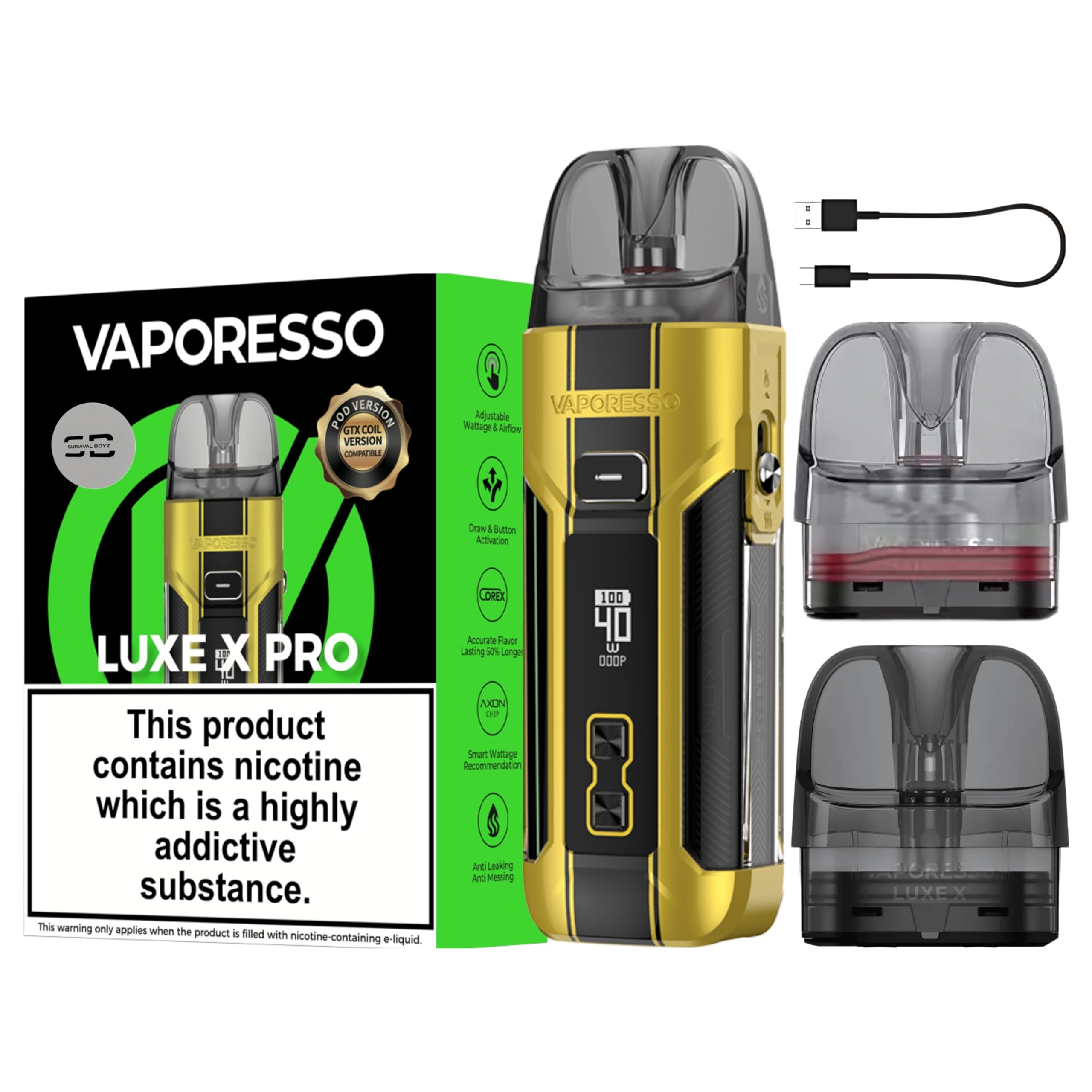 vaporesso luxe x pro Vape Kit [Dazzling Yellow] - No Nicotine Available in 7 colours - 1500mAh Battery, Type-C Fast Charge, 40W, 0.42