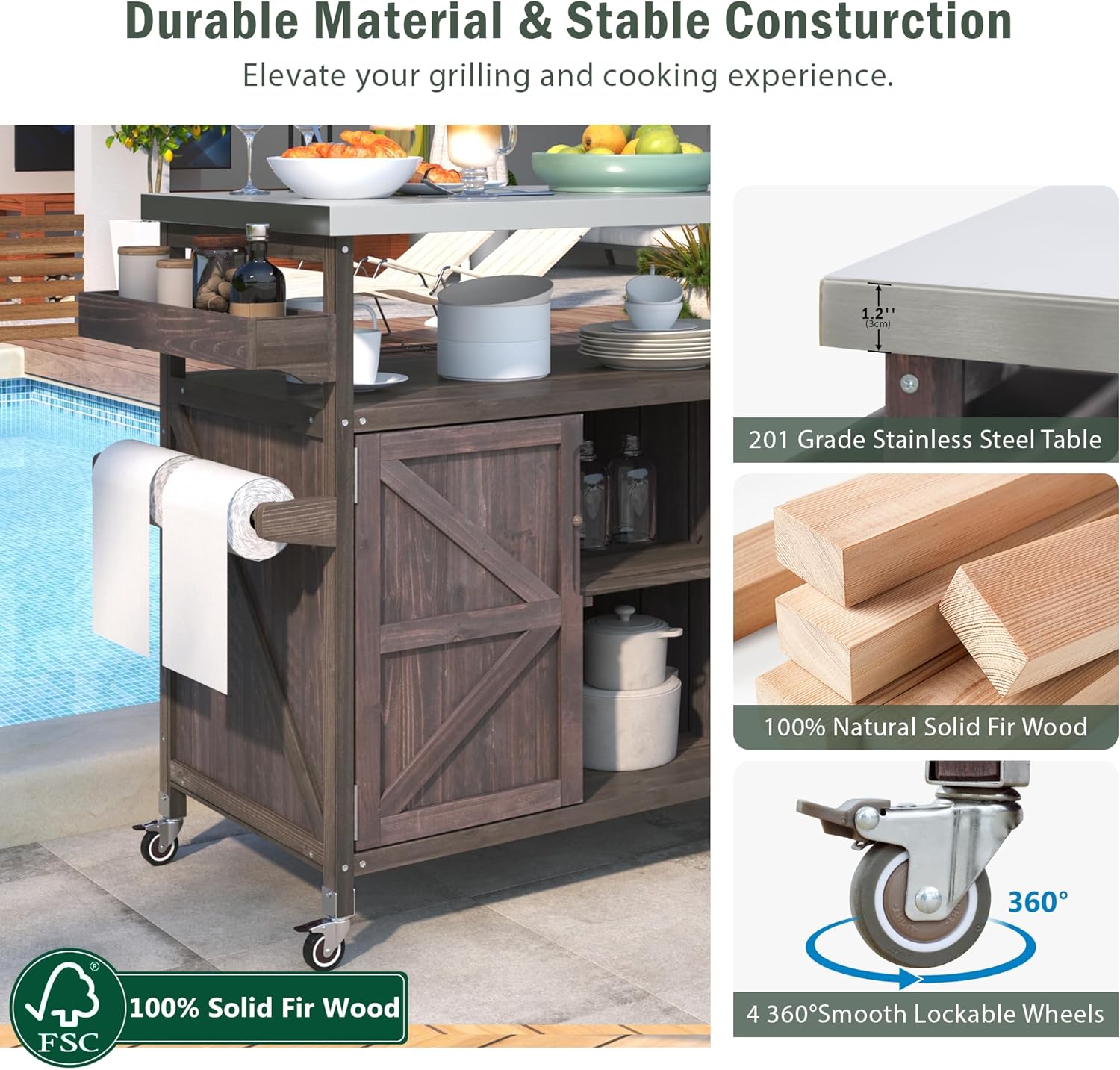 Outdoor Kitchen Island, Rolling Bar Cart & Storage Cabinet, Farmhouse Solid Wood Outdoor Grill Table with Stainless Steel Top, Spice Rack, Towel Rack for Kitchen & Barbecue (Dark Brown-N)