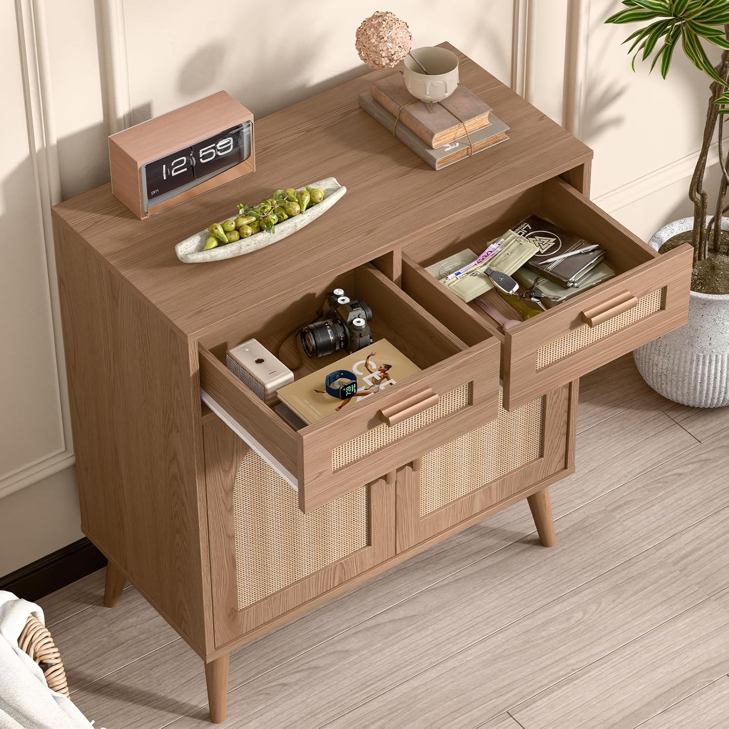 Vabches Rattan Storage Cabinet with drawers open, showing interior storage
